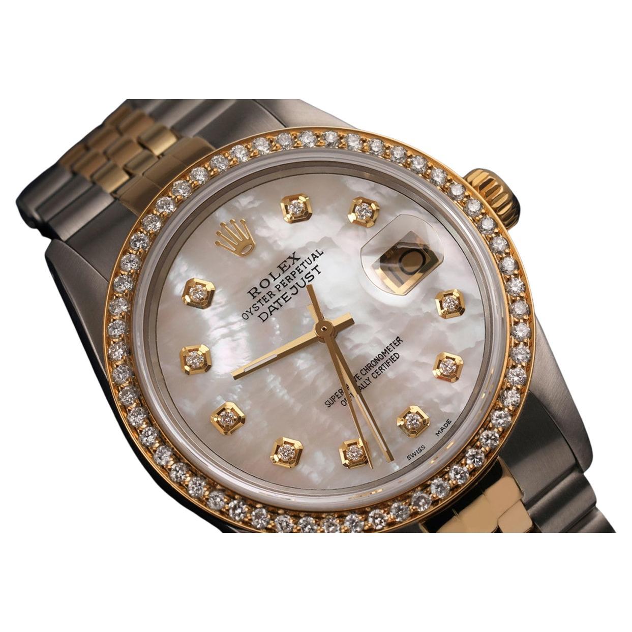 Rolex Oyster Perpetual Datejust Diamond Bezel White MOP Diamond Dial Watch  For Sale