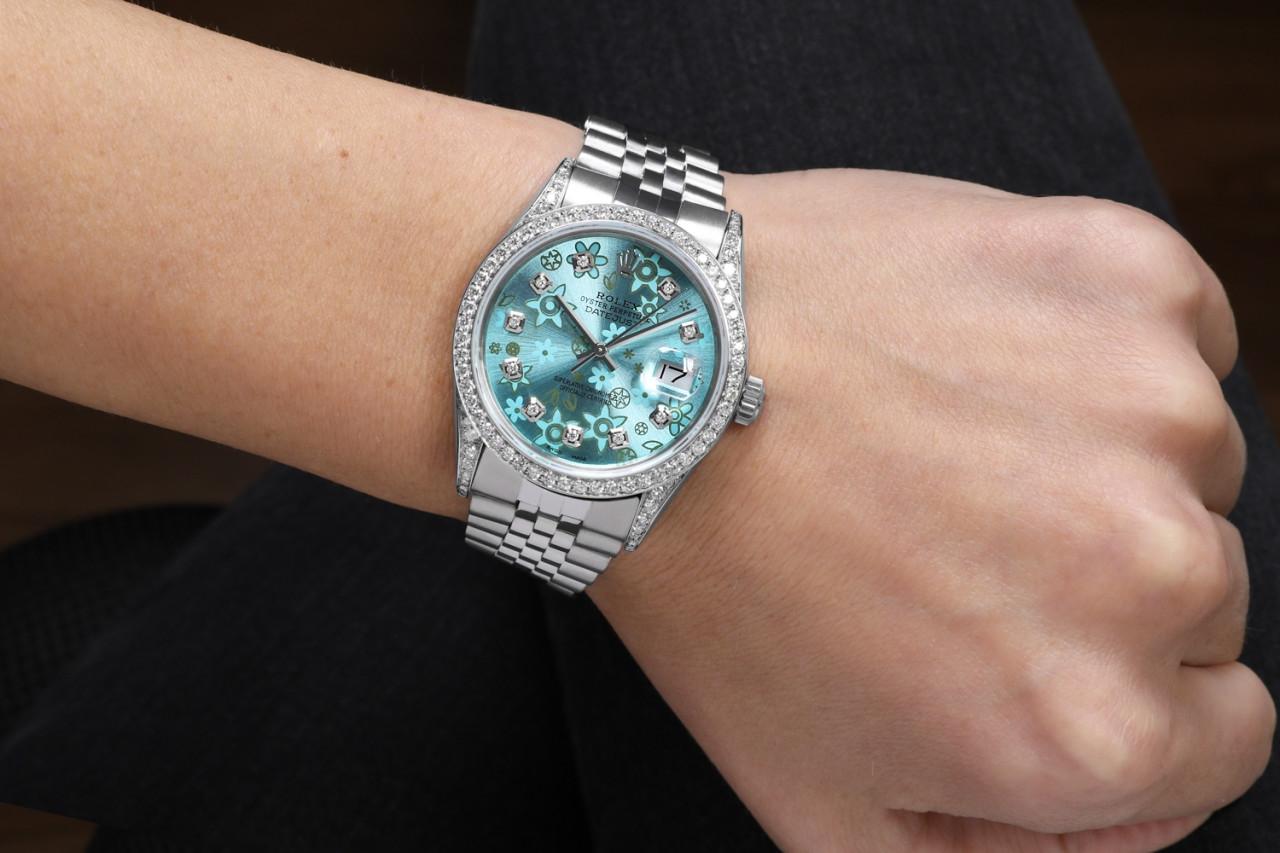 Rolex Oyster Perpetual Datejust Ice Blue Flower Diamond Dial Diamond Bezel Watch For Sale 1