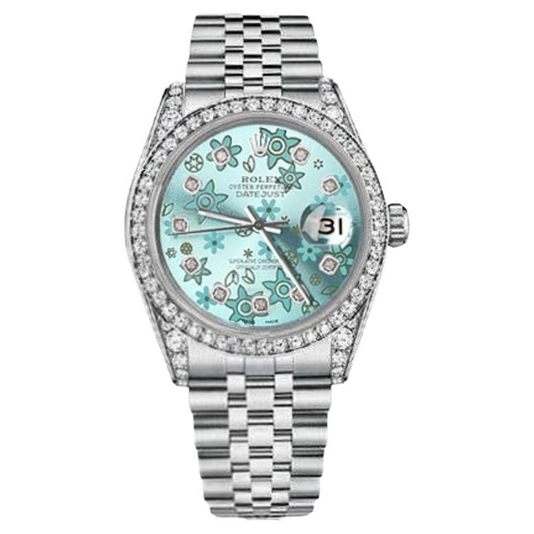 Rolex Oyster Perpetual Datejust Ice Blue Flower Diamond Dial Diamond Bezel Watch For Sale