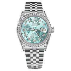 Retro Rolex Oyster Perpetual Datejust Ice Blue Flower Diamond Dial Diamond Bezel Watch