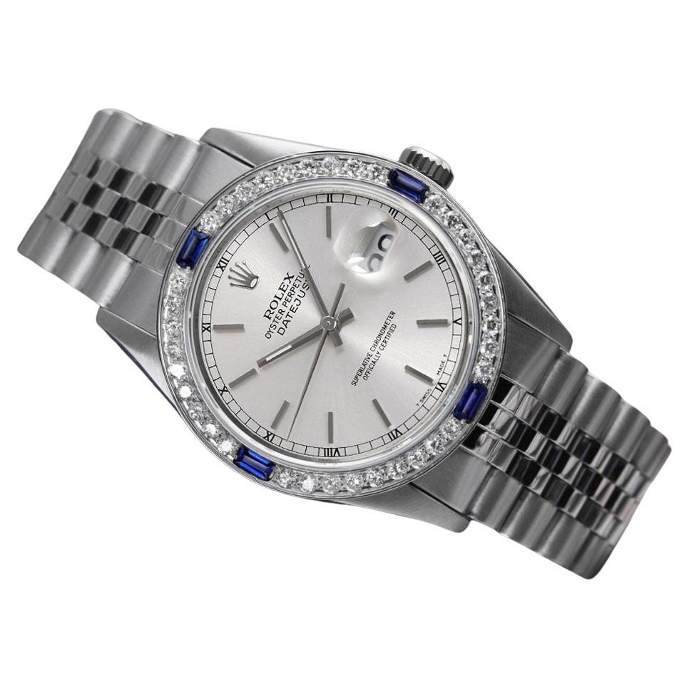 Rolex Oyster Perpetual Datejust Silver Dial Diamond/Sapphire Bezel Watch  For Sale at 1stDibs