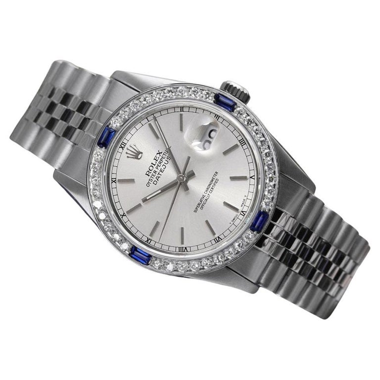 Rolex Oyster Perpetual 36mm Datejust Silber Zifferblatt Diamant/Sapphire  Lünette Uhr im Angebot bei 1stDibs