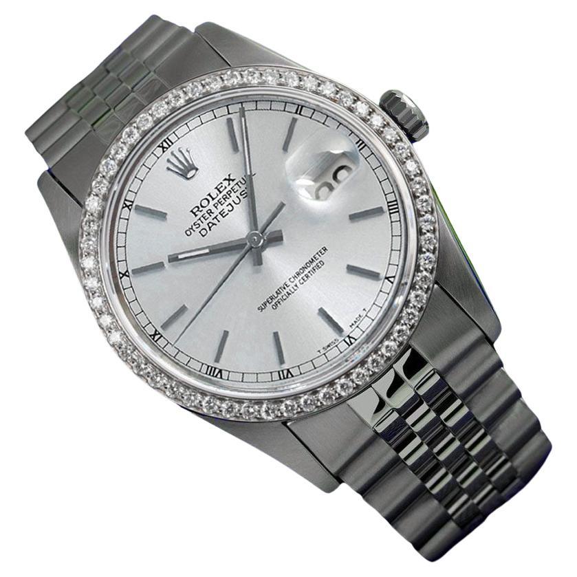 Rolex Oyster Perpetual Datejust Silver Index Dial Steel Watch Diamond Bezel For Sale