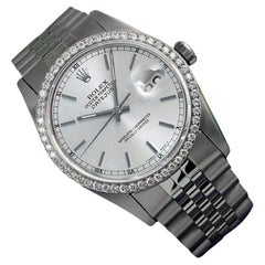 Retro Rolex Oyster Perpetual Datejust Silver Index Dial Steel Watch Diamond Bezel