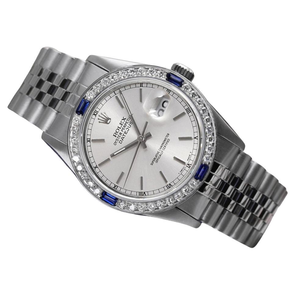 Rolex Oyster Perpetual Datejust Silver Stick Dial Diamond & Sapphire Bezel Watch For Sale