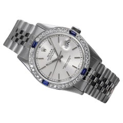 Vintage Rolex Oyster Perpetual Datejust Silver Stick Dial Diamond & Sapphire Bezel Watch