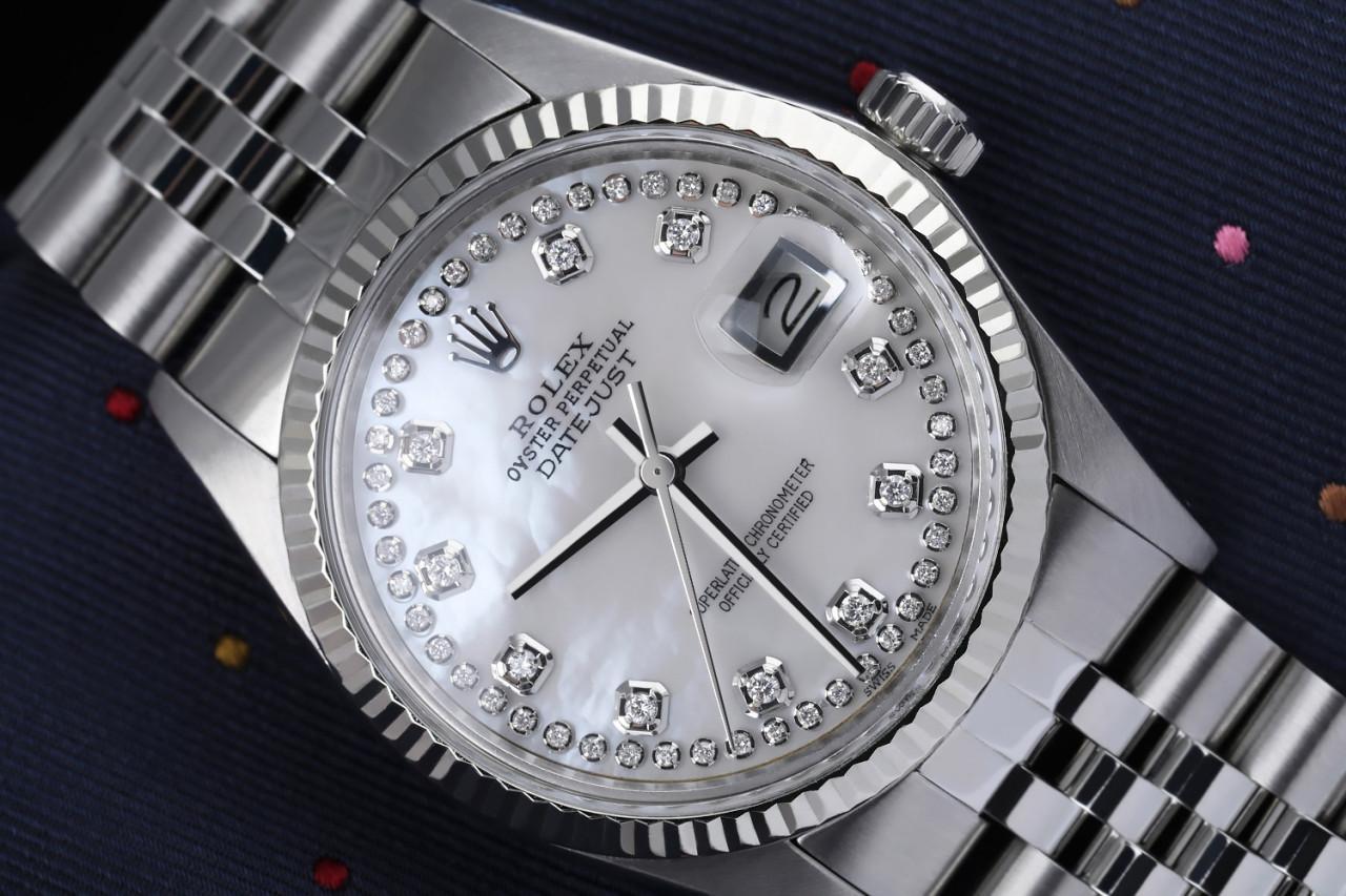 Round Cut Rolex Oyster Perpetual 36mm Datejust White Mother Of Pearl Diamond Dial Watch For Sale