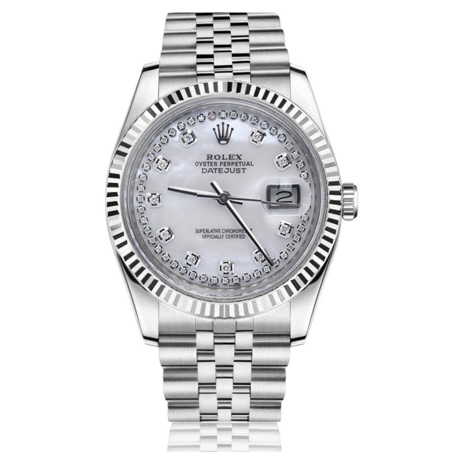 Rolex Oyster Perpetual 36mm Datejust White Mother Of Pearl Diamond Dial Watch For Sale
