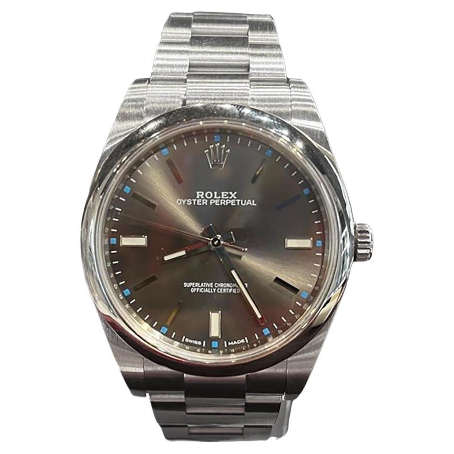 Rolex Oyster Perpetual Rhodium Blaues gepunktetes Zifferblatt REF 114300