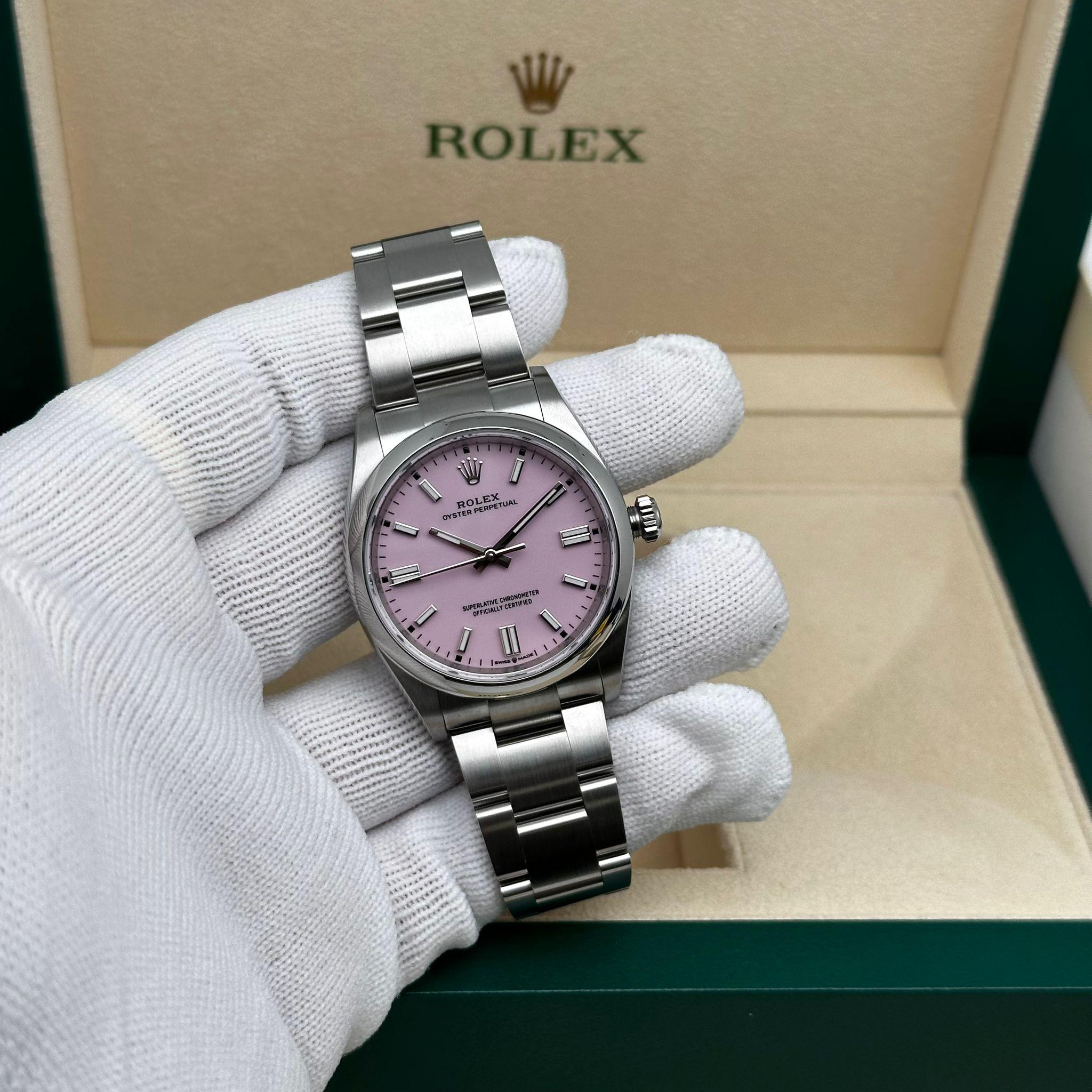 Rolex Oyster Perpetual 36mm Steel Candy Pink Dial Automatic Watch 126000 Unworn In New Condition In New York, NY