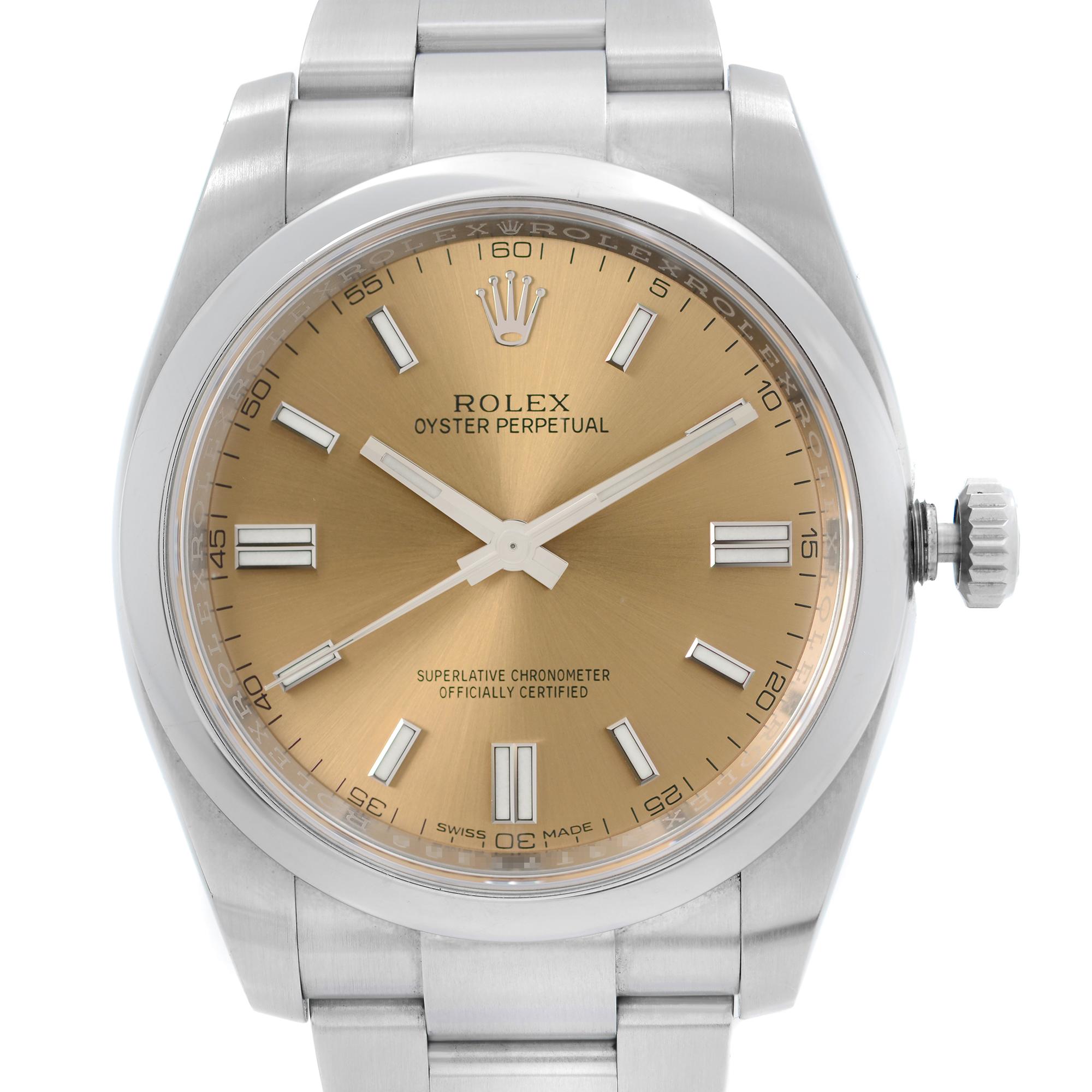Pre Owen Rolex Oyster Perpetual 36mm Steel Grape Dial Automatic Men's Watch 116000. This Beautiful Timepiece Comes with 2018 and is Powered by Mechanical (Automatic) Movement And Features: Round Stainless Steel Case with an Oystersteel 3 piece Flat