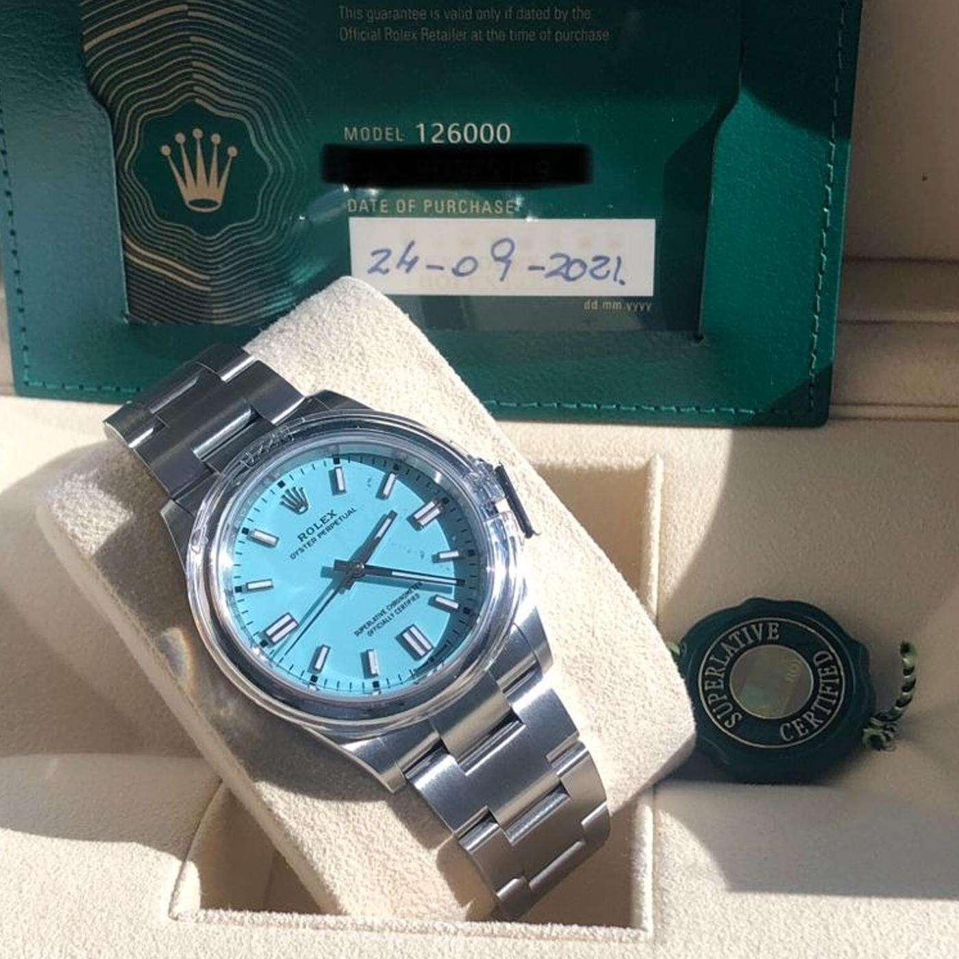 Women's or Men's Rolex Oyster Perpetual Turquoise Blue Tiffany Dial Men's Watch 126000-0006