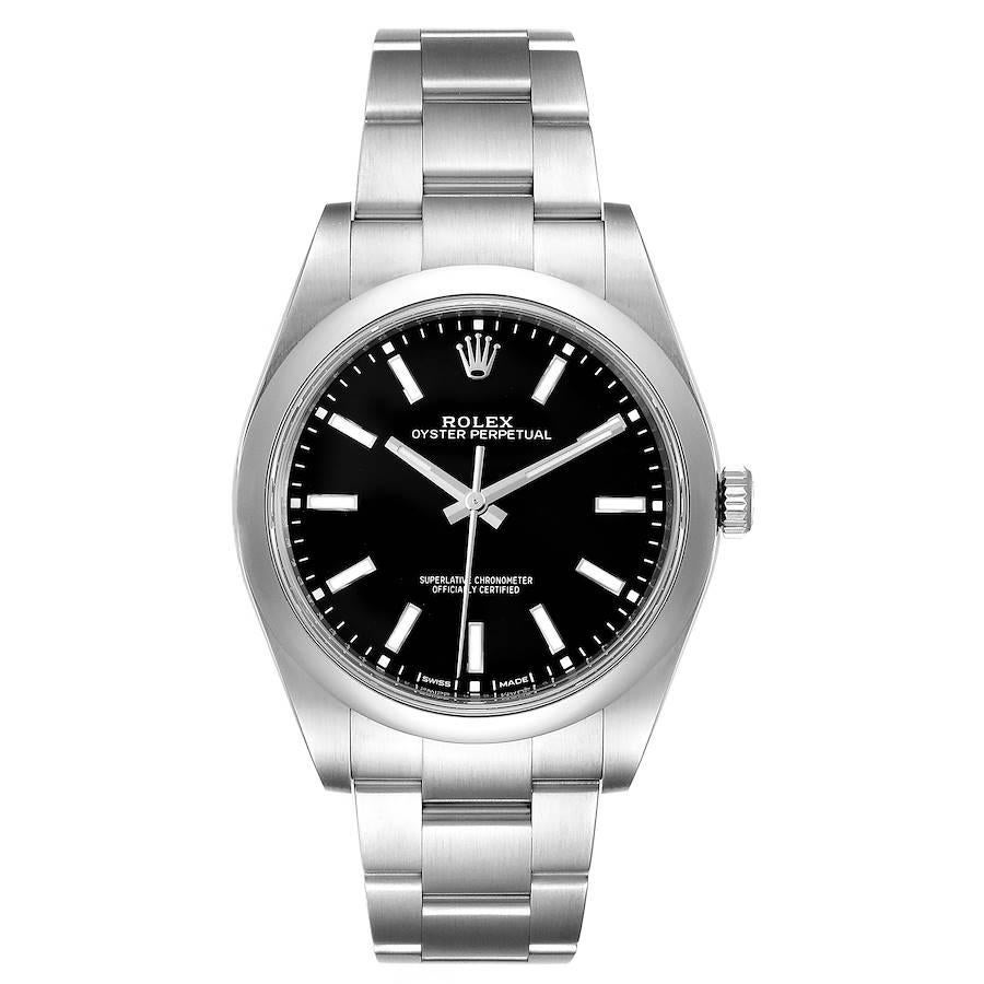 Rolex Oyster Perpetual 39 Black Dial Steel Mens Watch 114300 Unworn. Officially certified chronometer self-winding movement. Stainless steel case 39 mm in diameter. Rolex logo on a crown. Stainless steel smooth domed bezel. Scratch resistant