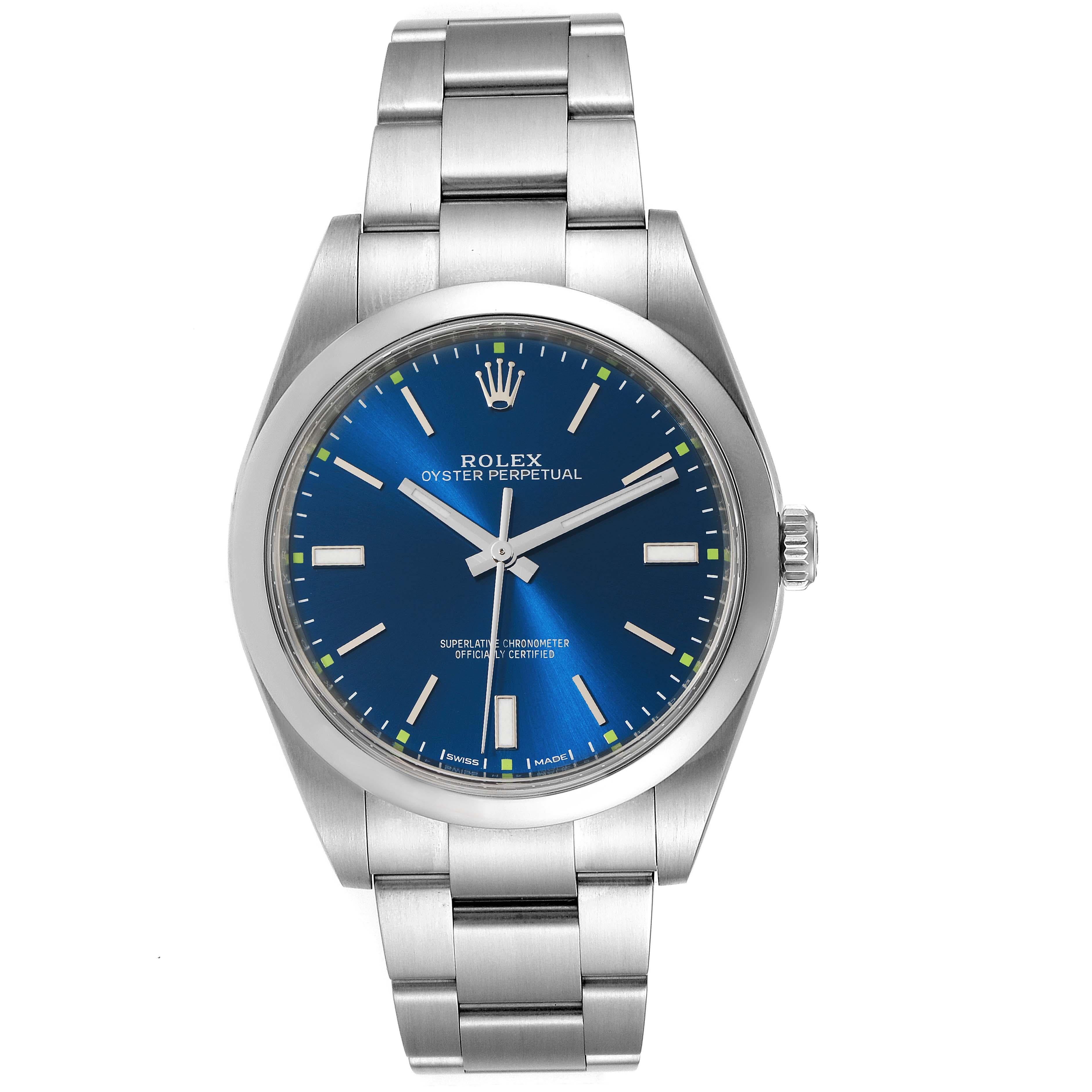 Rolex Oyster Perpetual 39 Blue Dial Steel Mens Watch 114300. Officially certified chronometer self-winding movement. Stainless steel case 39 mm in diameter. Rolex logo on a crown. Stainless steel smooth domed bezel. Scratch resistant sapphire