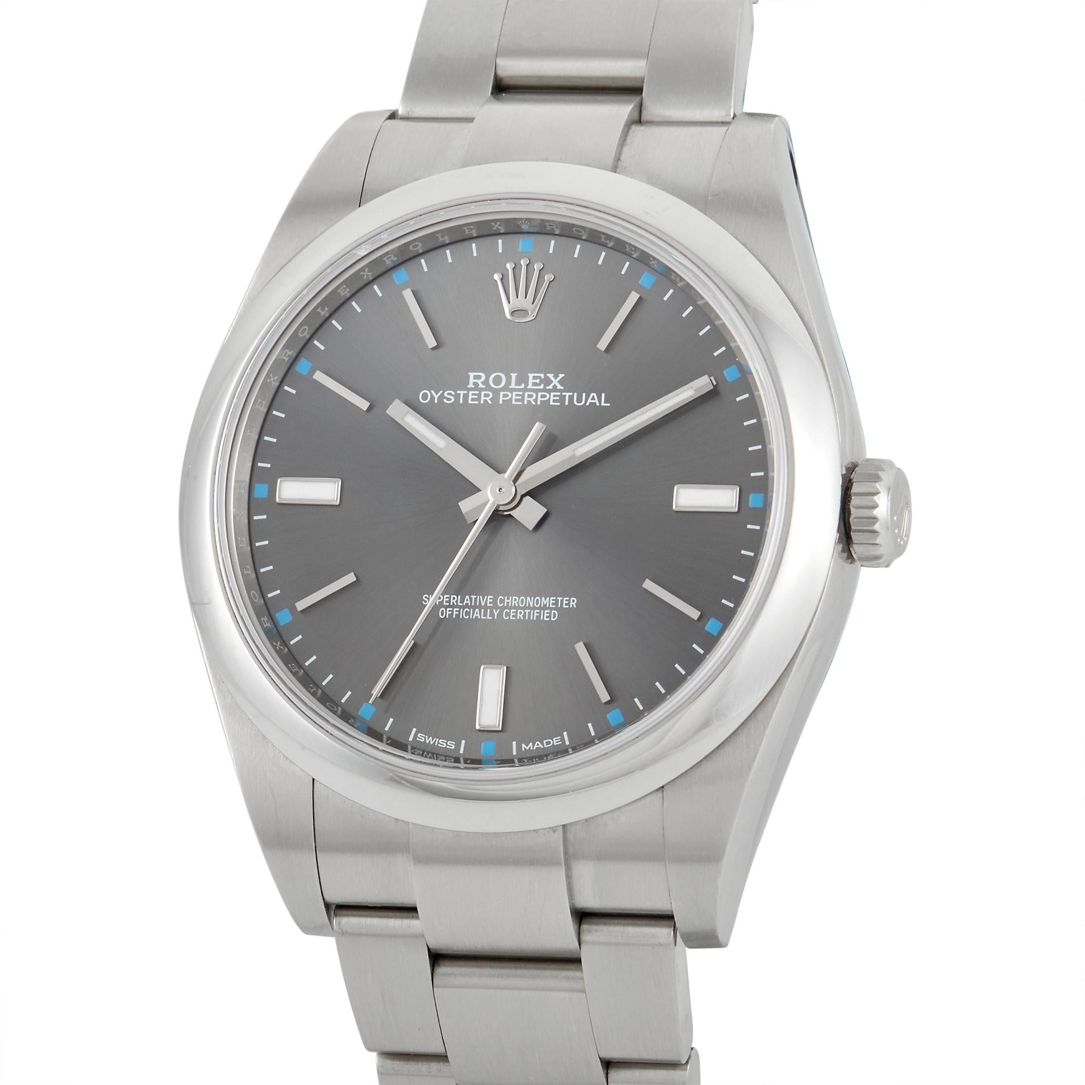 The Rolex Oyster Perpetual 39 Dark Rhodium Dial Watch 114300-0001 could well be the only watch you'll ever need. It has a timeless style and a reliable performance. The simple yet attractive dark rhodium face displays a conservative metallic grey