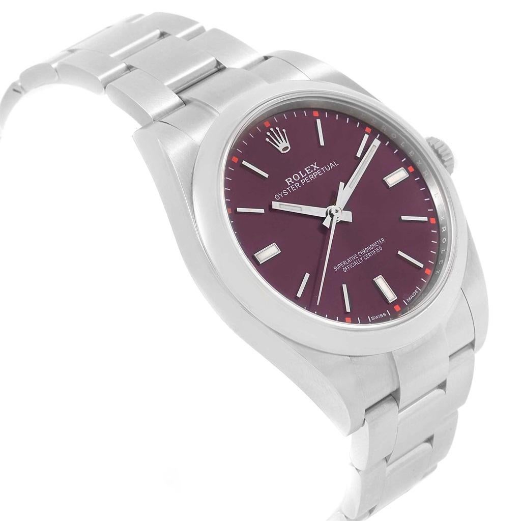 Rolex Oyster Perpetual 39 Red Grape Dial Steel Men’s Watch 114300 Box In Excellent Condition In Atlanta, GA