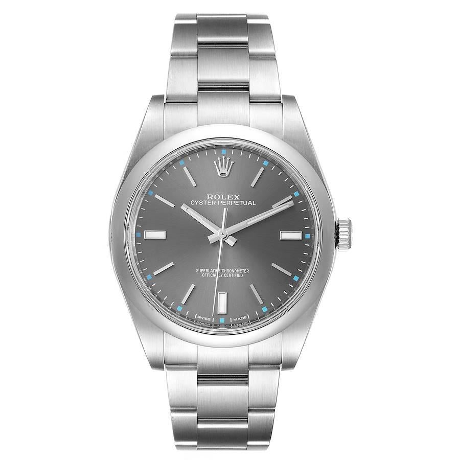 Rolex Oyster Perpetual 39 Rhodium Dial Steel Mens Watch 114300 Box Card. Officially certified chronometer self-winding movement. Stainless steel case 39 mm in diameter. Rolex logo on a crown. Stainless steel smooth domed bezel. Scratch resistant