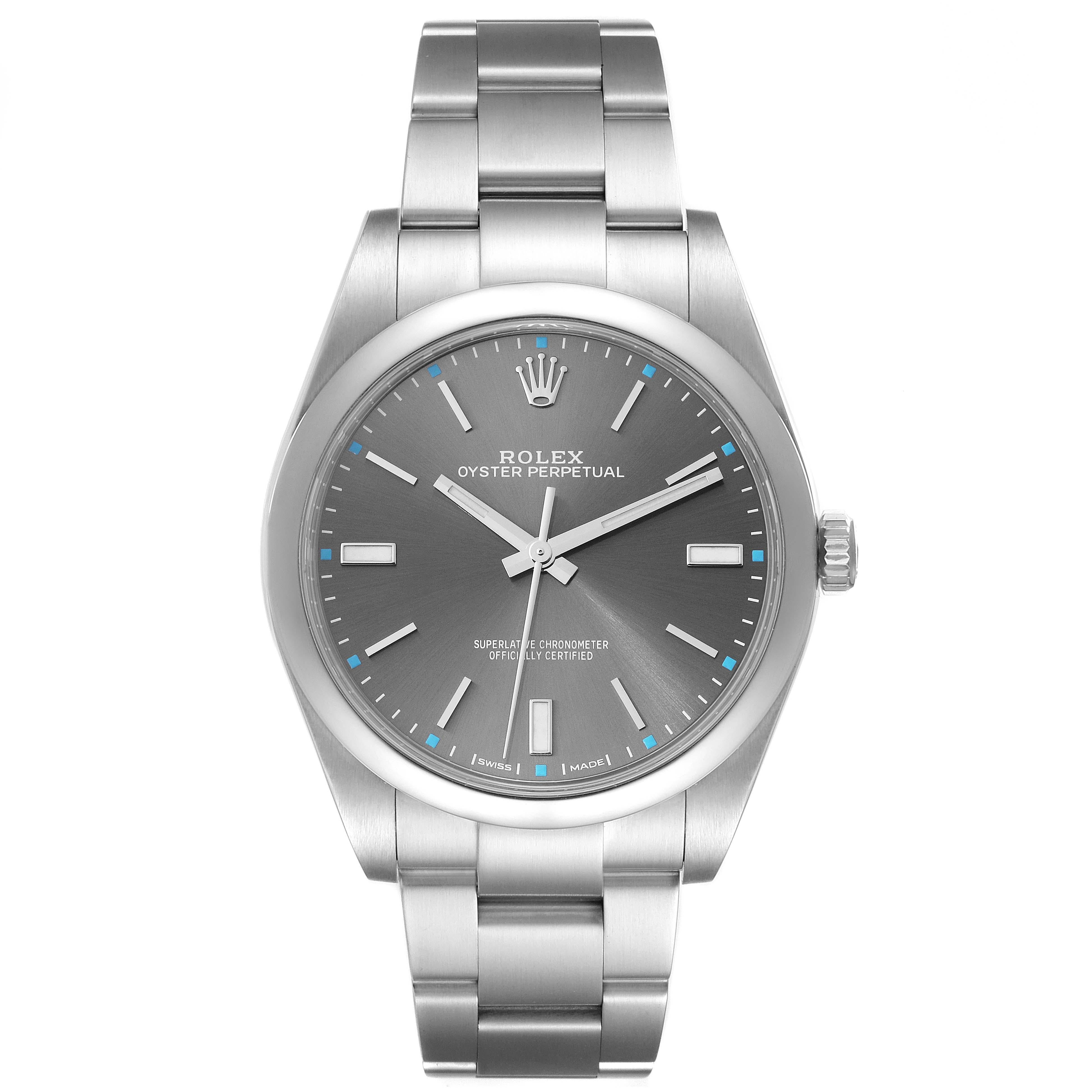 Rolex Oyster Perpetual 39 Rhodium Dial Steel Mens Watch 114300 Box Card. Officially certified chronometer automatic self-winding movement. Stainless steel case 39 mm in diameter. Rolex logo on the crown. Stainless steel smooth domed bezel. Scratch