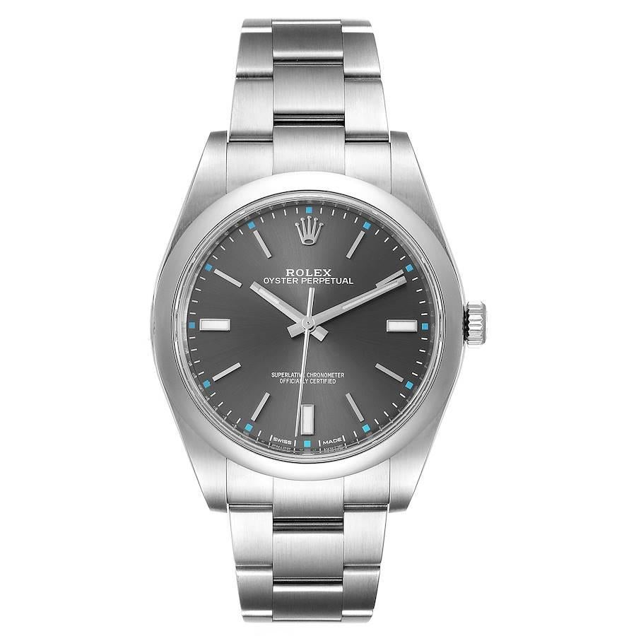 Rolex Oyster Perpetual 39 Rhodium Dial Steel Mens Watch 114300. Officially certified chronometer self-winding movement. Stainless steel case 39 mm in diameter. Rolex logo on a crown. Stainless steel smooth domed bezel. Scratch resistant sapphire