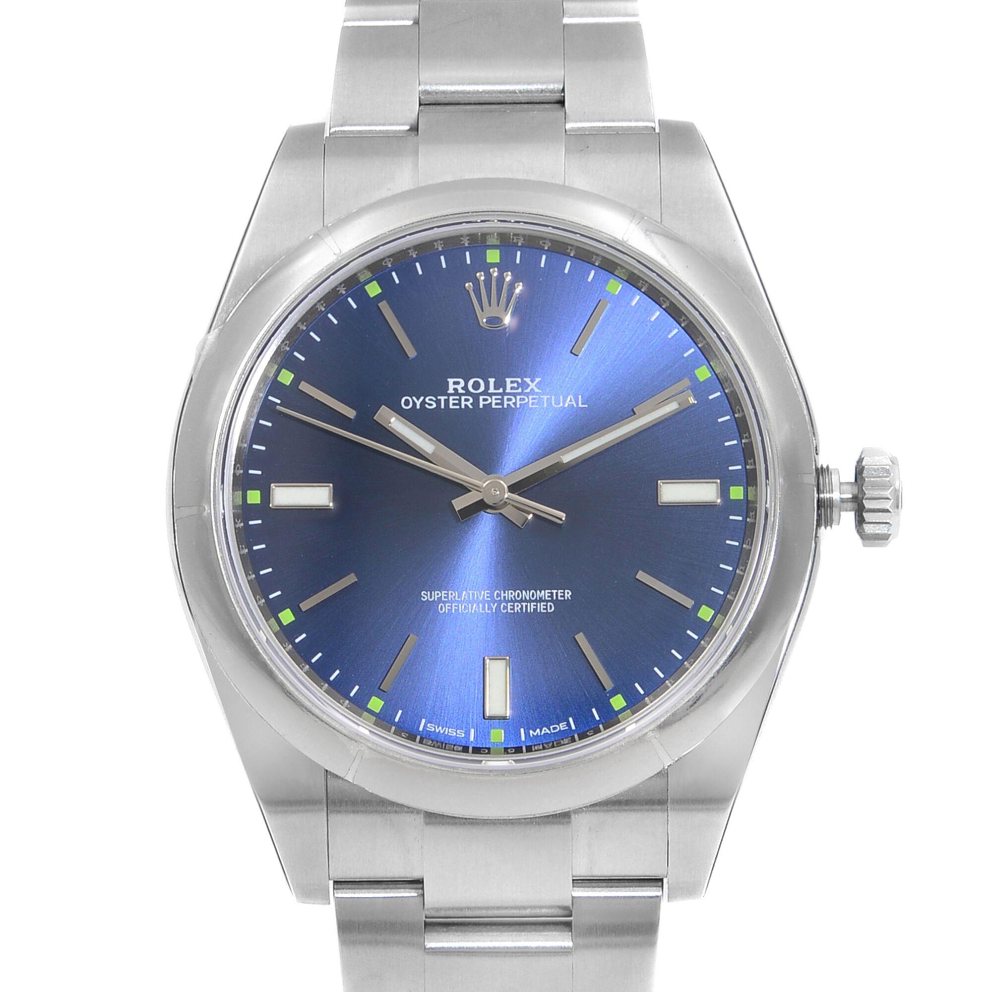 Pre-Owned Like New 2019 Card.  Rolex Oyster Perpetual 39 Steel Blue Dial Automatic Men's Watch. This Beautiful Timepiece Features: Stainless Steel Case and Rolex Oyster Bracelet, Fixed Domed Stainless Steel Bezel, Blue Dial with Luminous Silver-Tone