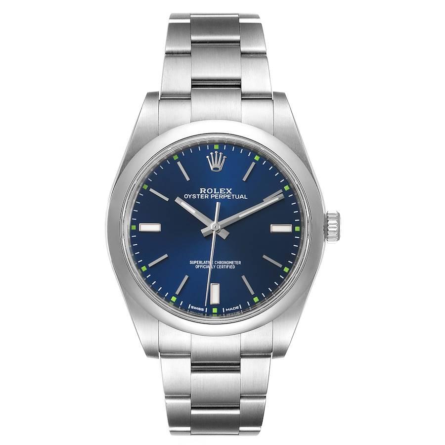 Rolex Oyster Perpetual 39mm Automatic Steel Mens Watch 114300 Box Card. Officially certified chronometer self-winding movement. Stainless steel case 39 mm in diameter. Rolex logo on a crown. Stainless steel smooth domed bezel. Scratch resistant