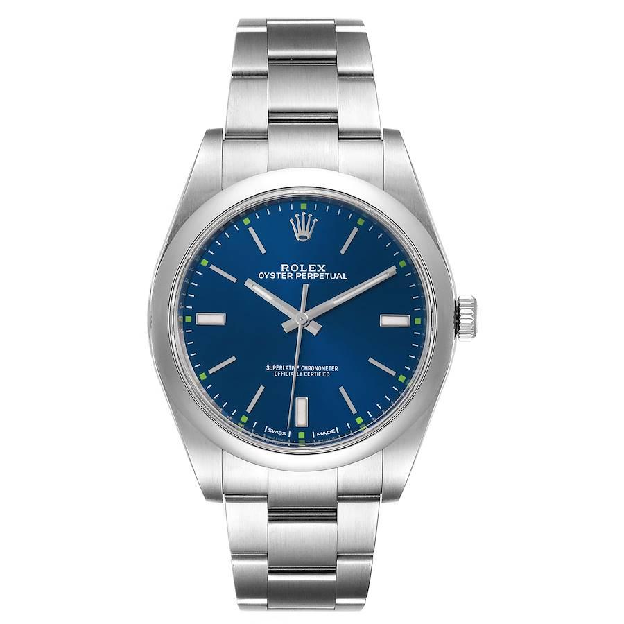 Rolex Oyster Perpetual 39mm Automatic Steel Mens Watch 114300 Box Card. Officially certified chronometer self-winding movement. Stainless steel case 39 mm in diameter. Rolex logo on a crown. Stainless steel smooth domed bezel. Scratch resistant