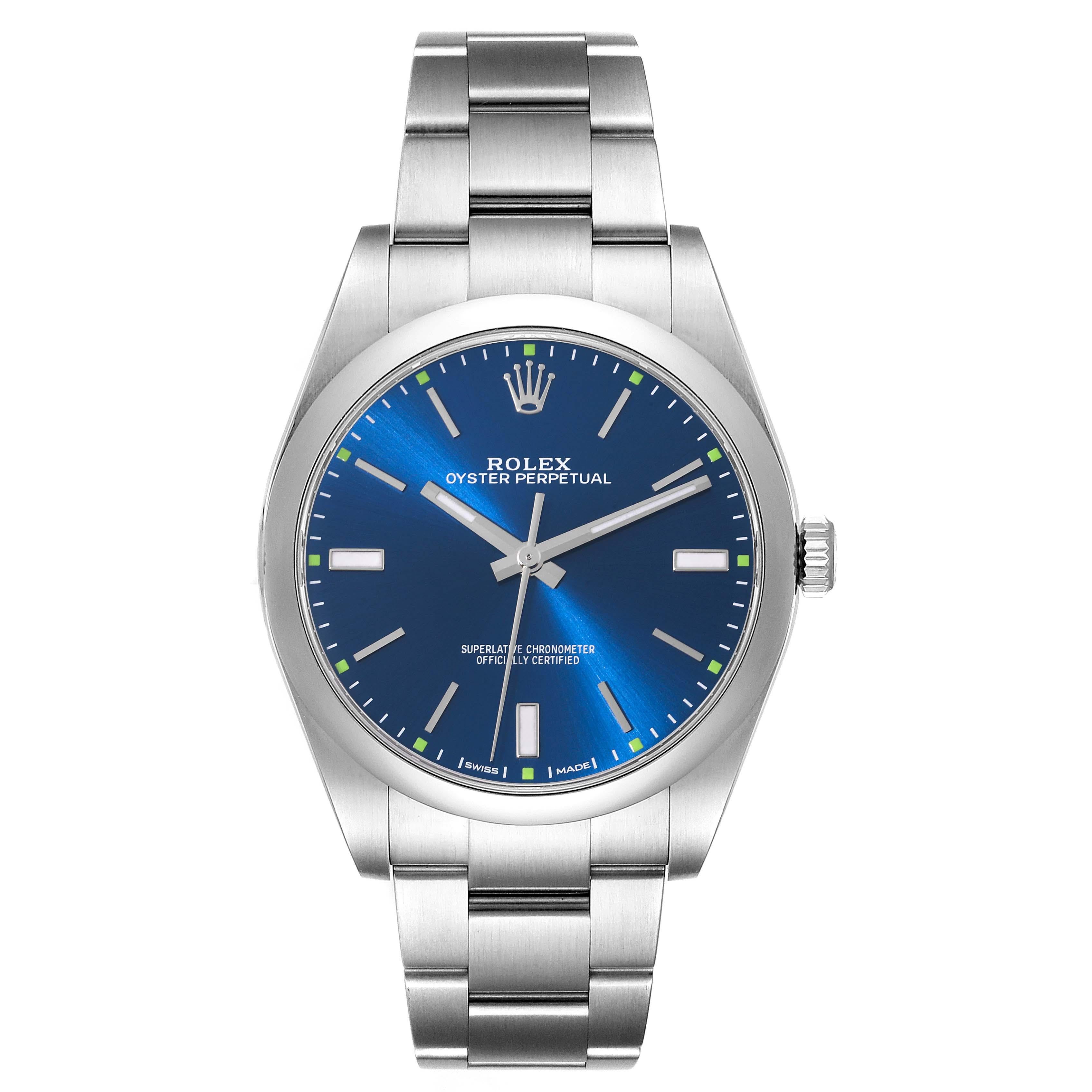 Rolex Oyster Perpetual 39mm Blue Dial Steel Mens Watch 114300 Box Card. Officially certified chronometer automatic self-winding movement. Stainless steel case 39 mm in diameter. Rolex logo on a crown. Stainless steel smooth domed bezel. Scratch