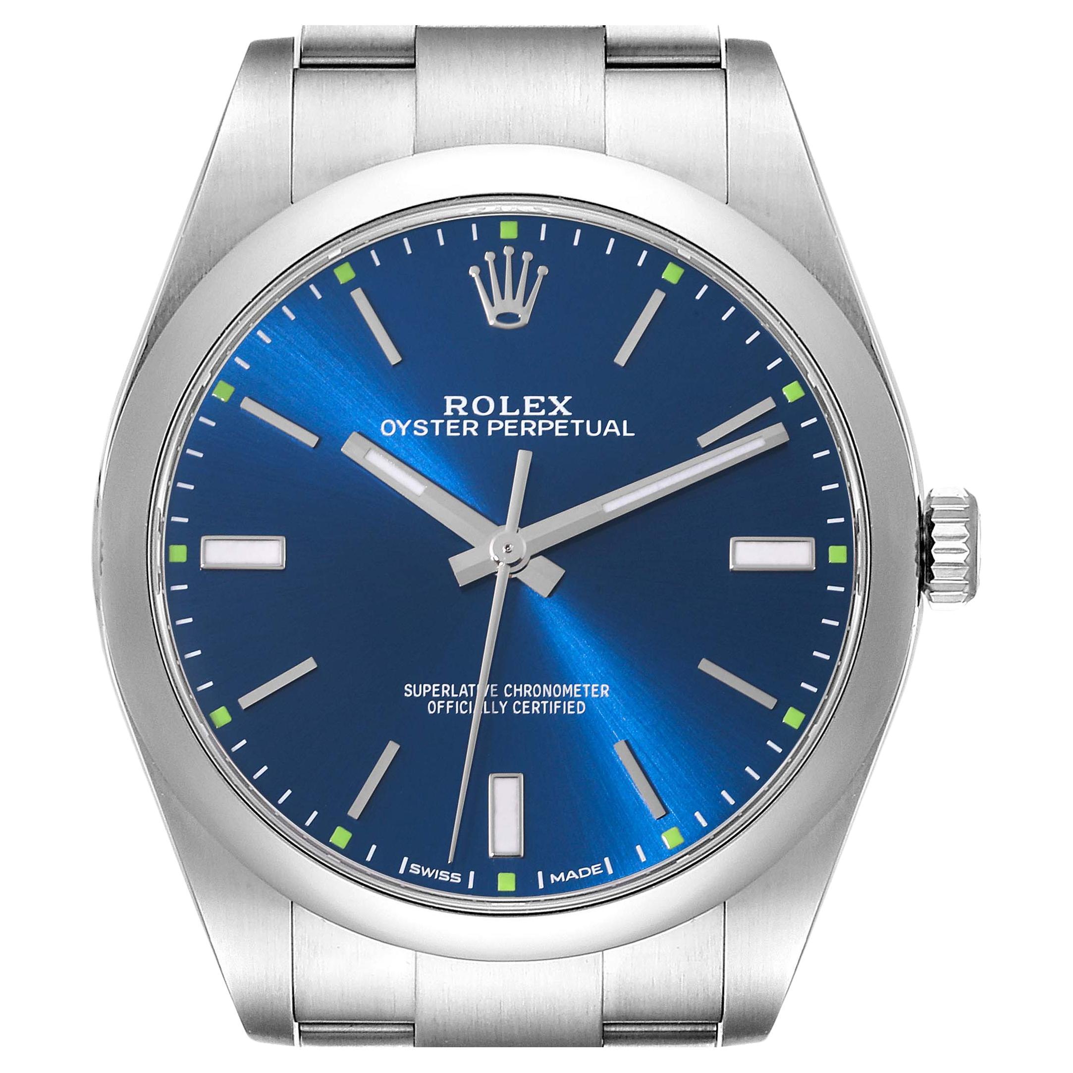 Rolex Oyster Perpetual 39mm Blue Dial Steel Mens Watch 114300 Box Card