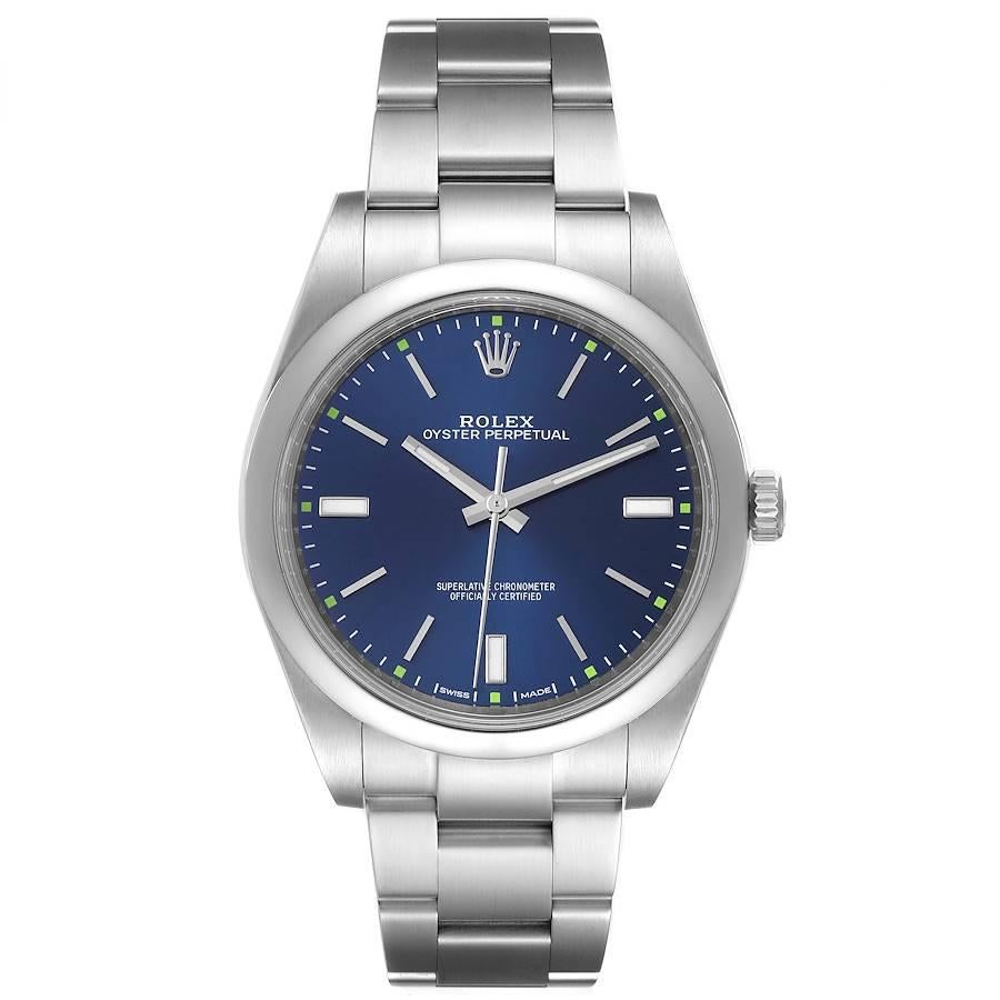 Rolex Oyster Perpetual 39mm Blue Dial Steel Mens Watch 114300. Officially certified chronometer self-winding movement. Stainless steel case 39 mm in diameter. Rolex logo on a crown. Stainless steel smooth domed bezel. Scratch resistant sapphire