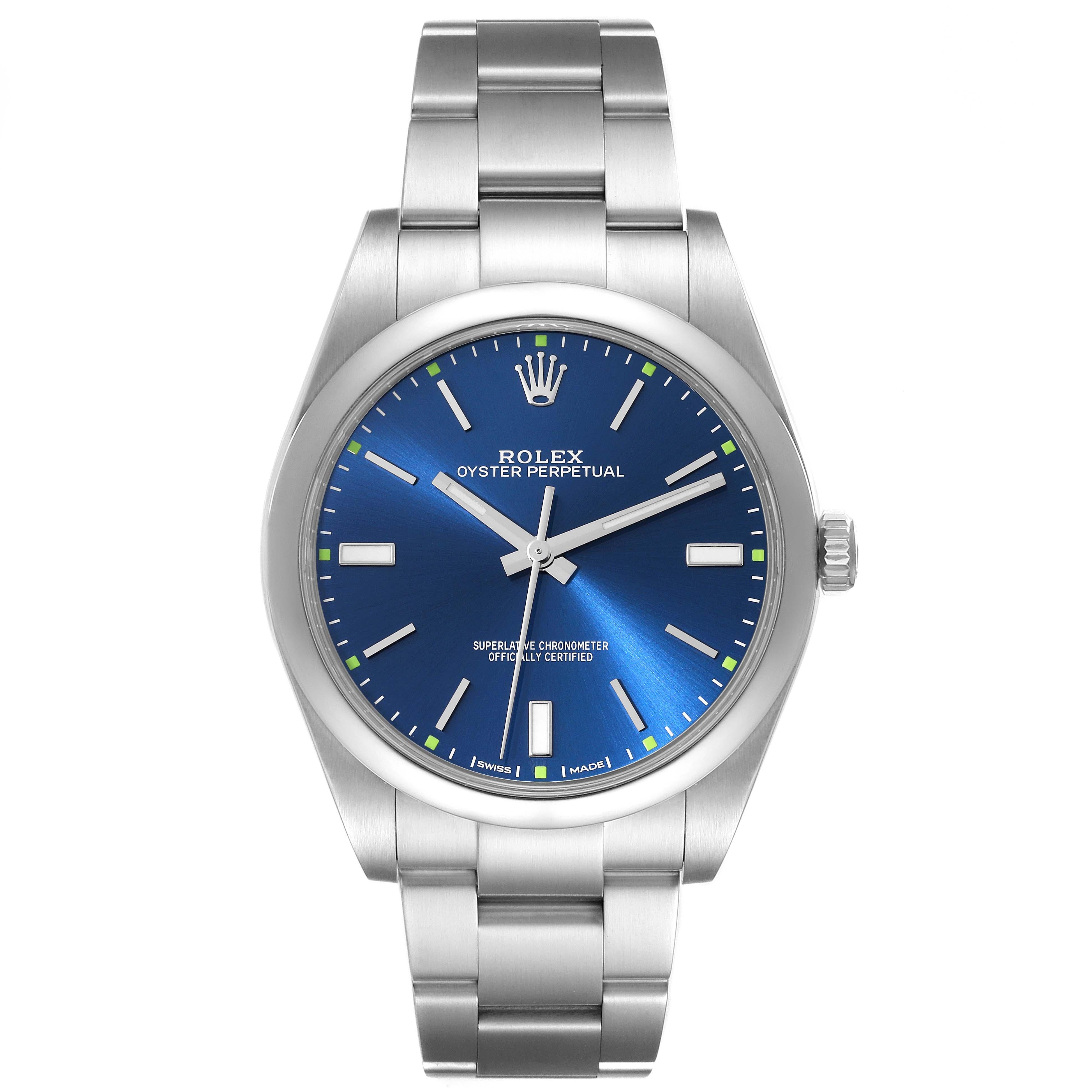 Rolex Oyster Perpetual 39mm Blue Dial Steel Mens Watch 114300. Officially certified chronometer self-winding movement. Stainless steel case 39 mm in diameter. Rolex logo on a crown. Stainless steel smooth domed bezel. Scratch resistant sapphire