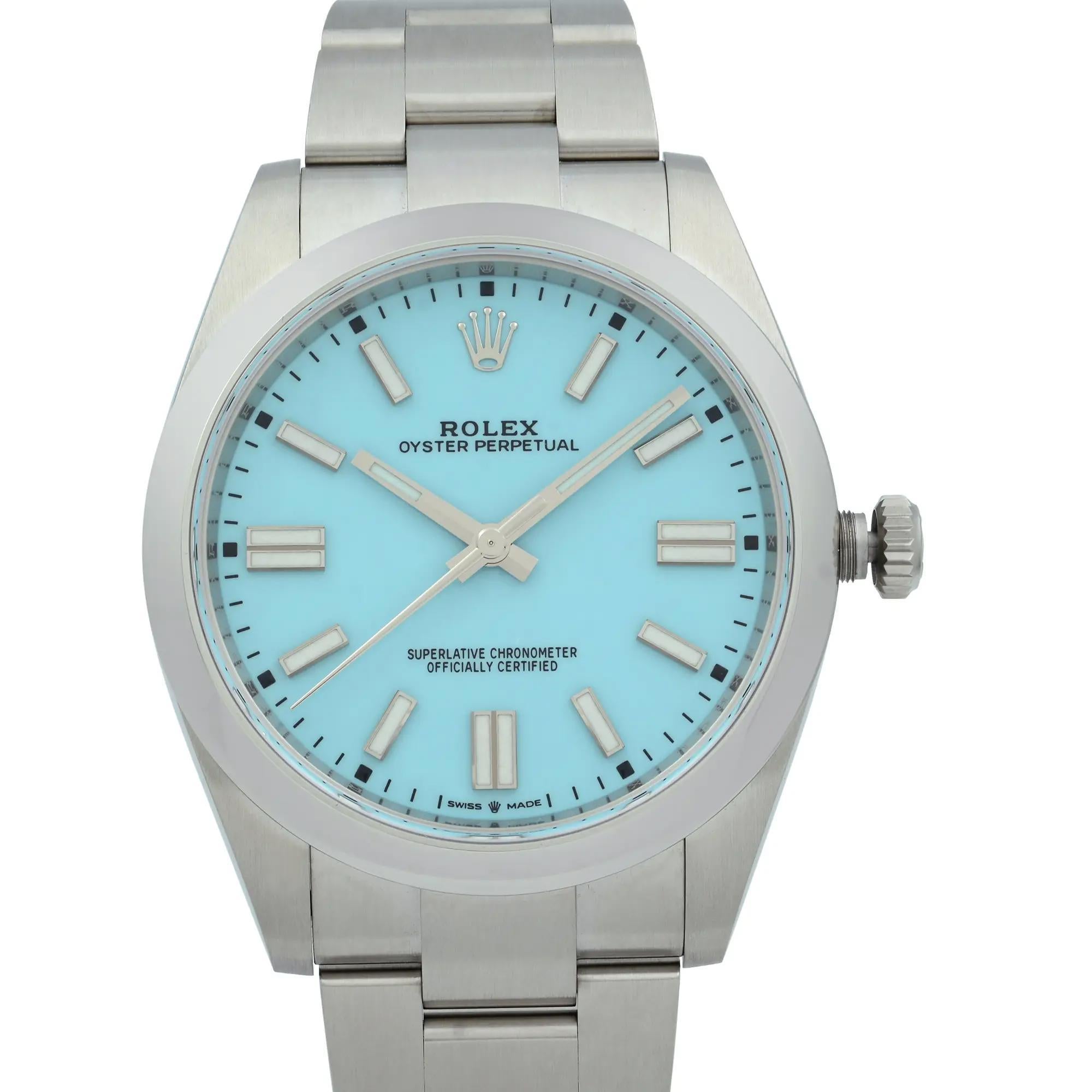 Customized turquoise colored dial from model 124300. The watch has a minor patina on minute and hour hands. 

* Free Shipping within the USA
* Two-year warranty coverage
* 14-day return policy with a full refund. Buyers can verify the watch's