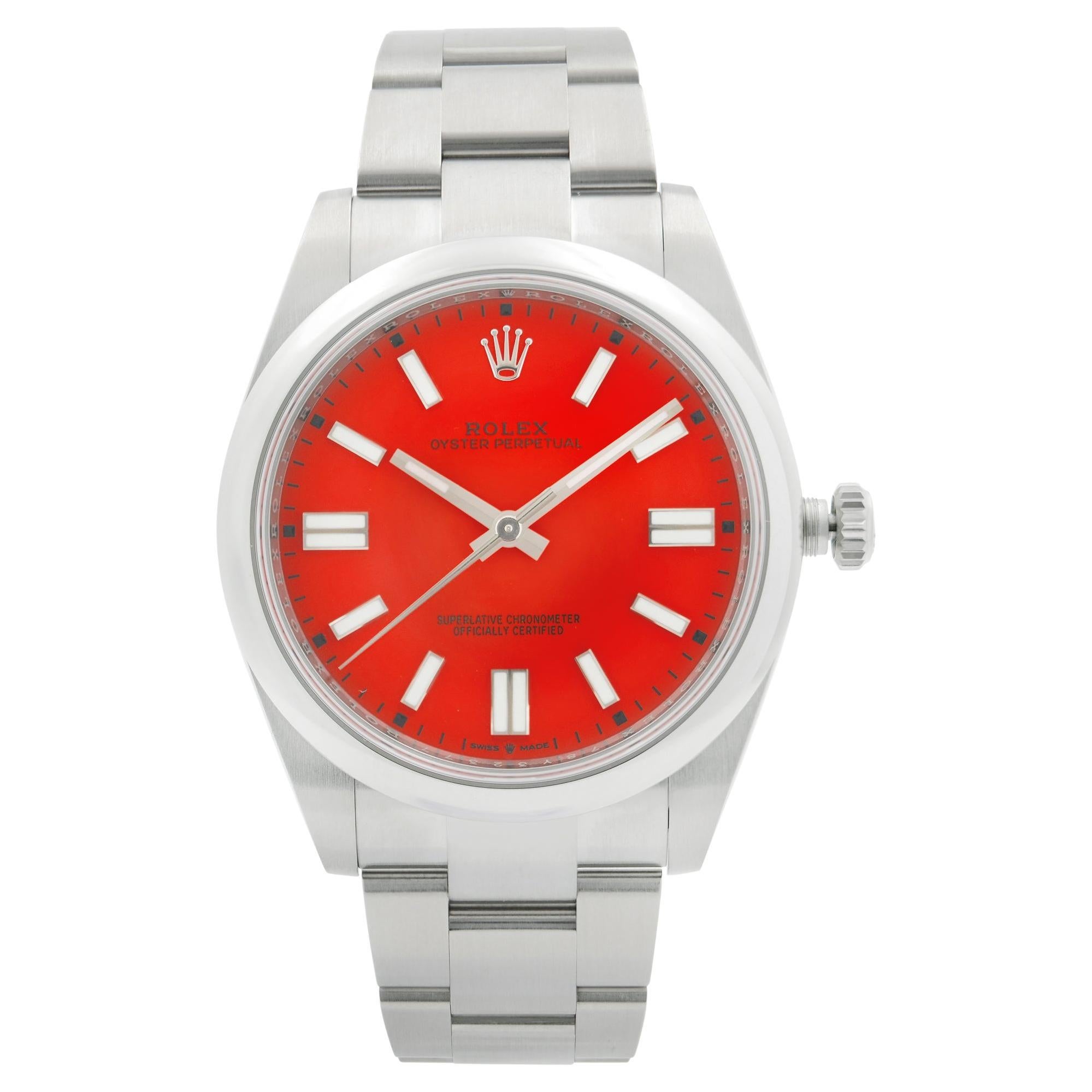 Rolex Oyster Perpetual 41 Montre automatique pour hommes avec cadran rouge corail personnalisée 124300 en vente