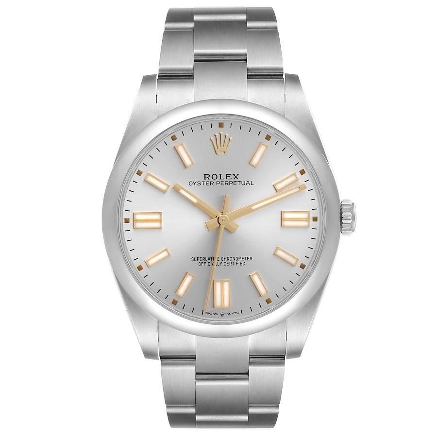 Rolex Oyster Perpetual 41 Silver Dial Steel Mens Watch 124300 Box Card. Officially certified chronometer automatic self-winding movement. Stainless steel case 41 mm in diameter. Rolex logo on the crown. Stainless steel smooth bezel. Scratch