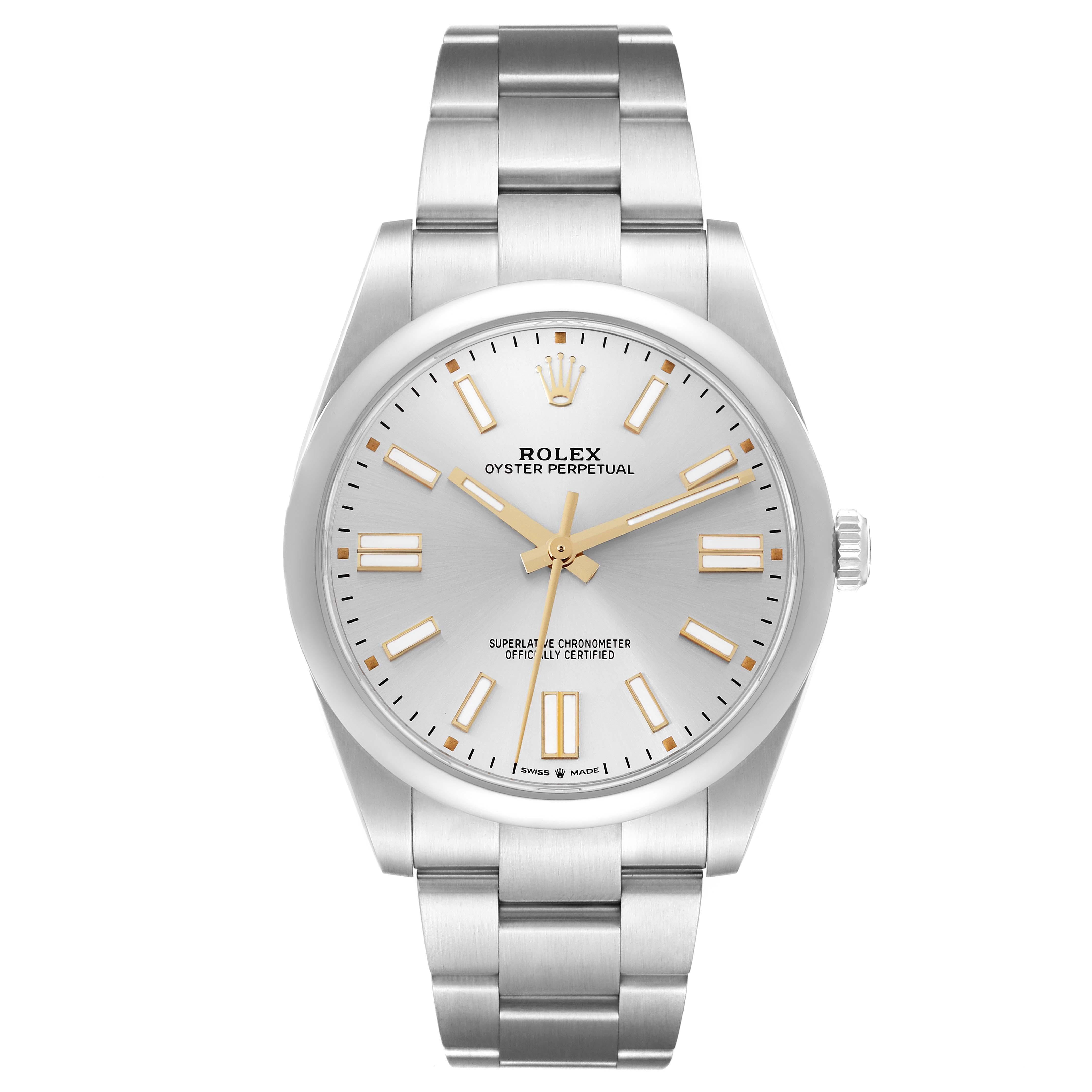 Rolex Oyster Perpetual 41 Silver Dial Steel Mens Watch 124300 Box Card. Officially certified chronometer automatic self-winding movement. Stainless steel case 41 mm in diameter. Rolex logo on the crown. Stainless steel smooth bezel. Scratch