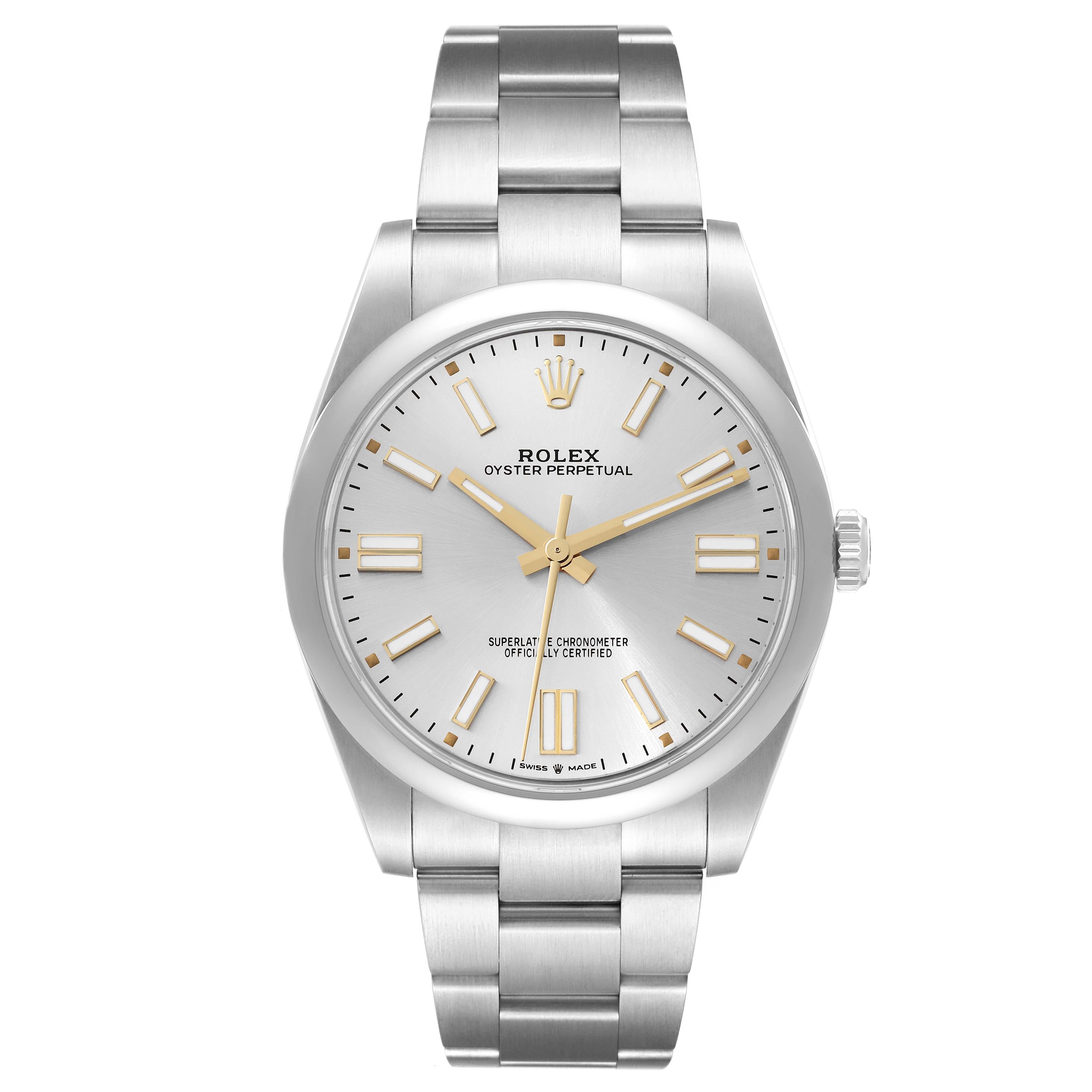 Rolex Oyster Perpetual 41 Silver Dial Steel Mens Watch 124300. Officially certified chronometer automatic self-winding movement. Stainless steel case 41 mm in diameter. Rolex logo on the crown. Stainless steel smooth bezel. Scratch resistant