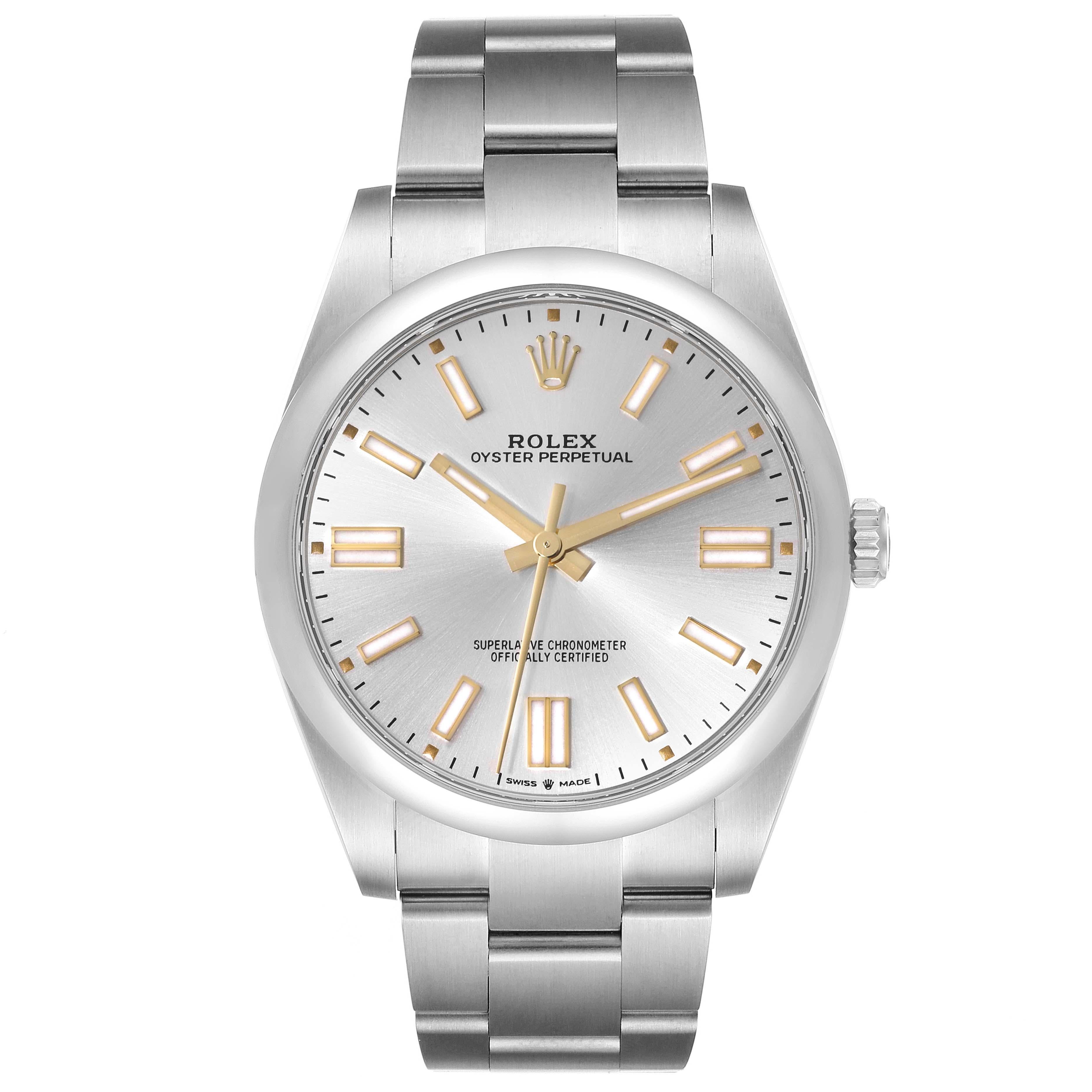 Rolex Oyster Perpetual 41 Silver Dial Steel Mens Watch 124300 Unworn. Officially certified chronometer automatic self-winding movement. Stainless steel case 41 mm in diameter. Rolex logo on the crown. Stainless steel smooth bezel. Scratch resistant