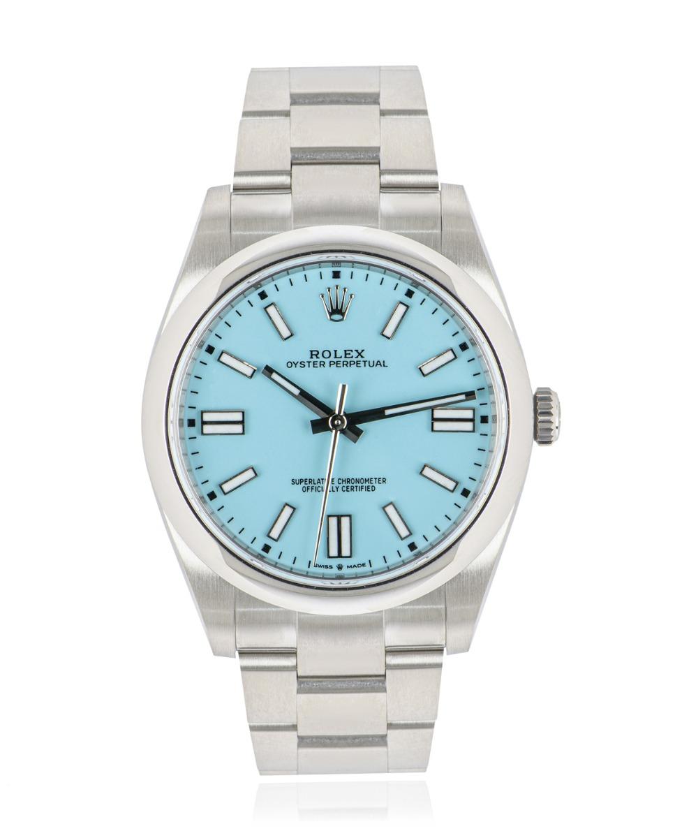 An unworn 41mm Oyster Perpetual in Oystersteel by Rolex. Featuring a turquoise blue dial reminiscent of Tiffany & Co. The Oyster bracelet comes with a folding Oysterclasp equipped with the Easylink 5mm comfort extension link. Fitted with scratch