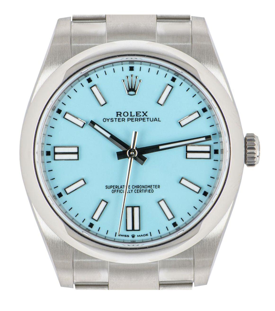 An unworn 41mm Oyster Perpetual in Oystersteel, by Rolex. Featuring a smooth domed bezel and a turquoise blue dial; reminiscent of Tiffany & Co.'s blue. The Oyster bracelet comes with a folding Oysterclasp, which is equipped with the Easylink 5mm