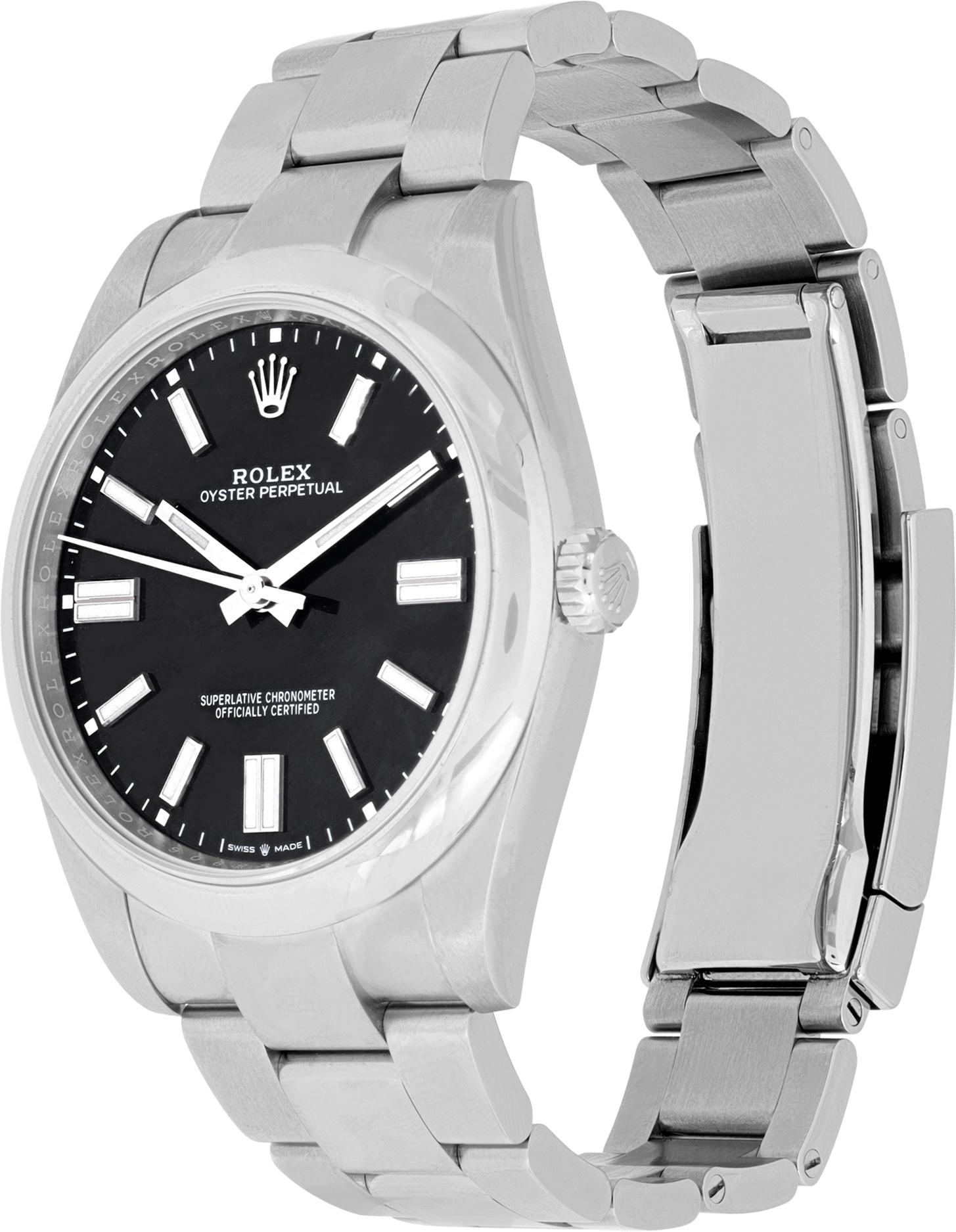 Rolex Oyster Perpetual in stainless steel with black stick dial. Auto w/ sweep seconds. 41 mm case size. With box,booklets, and papers. *Bank wire only at this price* Ref 124300. Circa 2023. Fine Pre-owned Rolex Watch.

 Certified preowned Classic