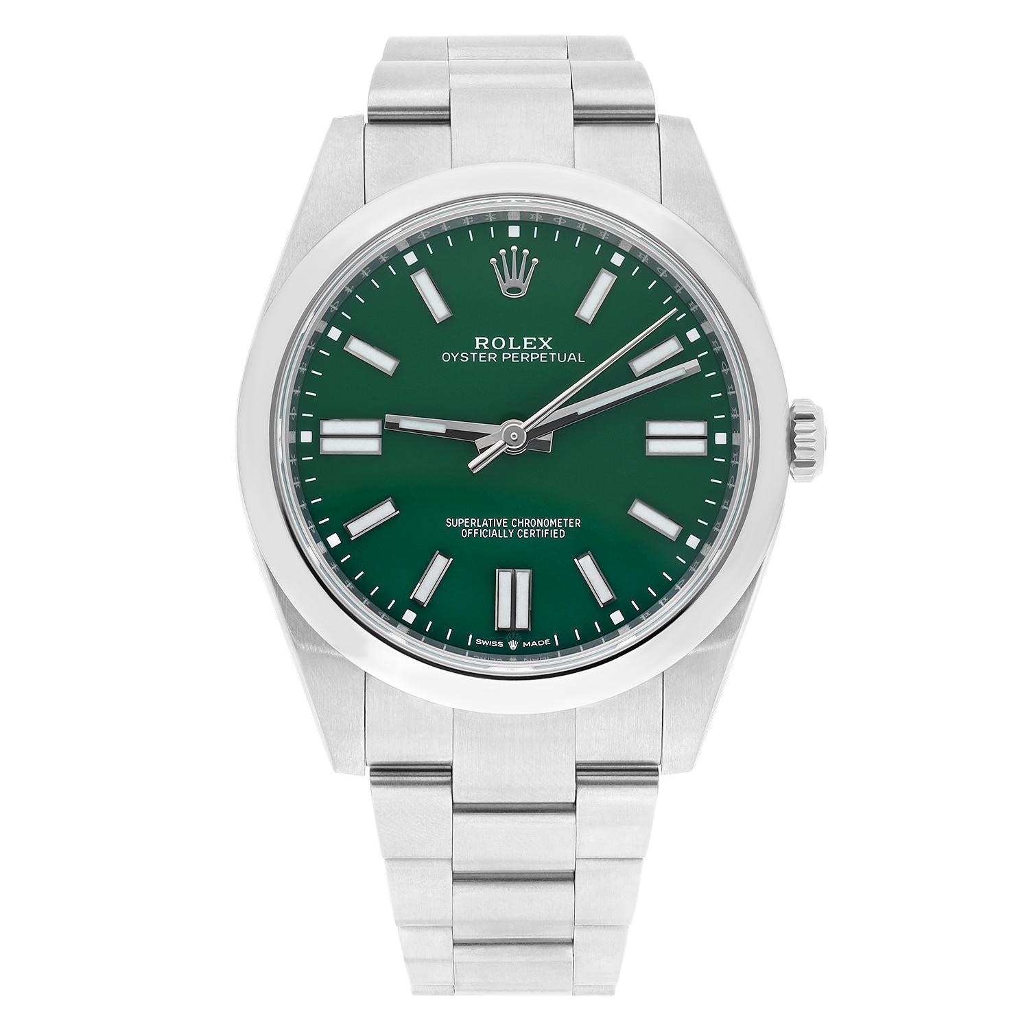 Few could have predicted the phenomenal global interest these candy coloured Oyster Perpetuals would generate, and how difficult they would be to obtain from Rolex. 

This new 41mm example features a beautiful green lacquered dial, directly inspired