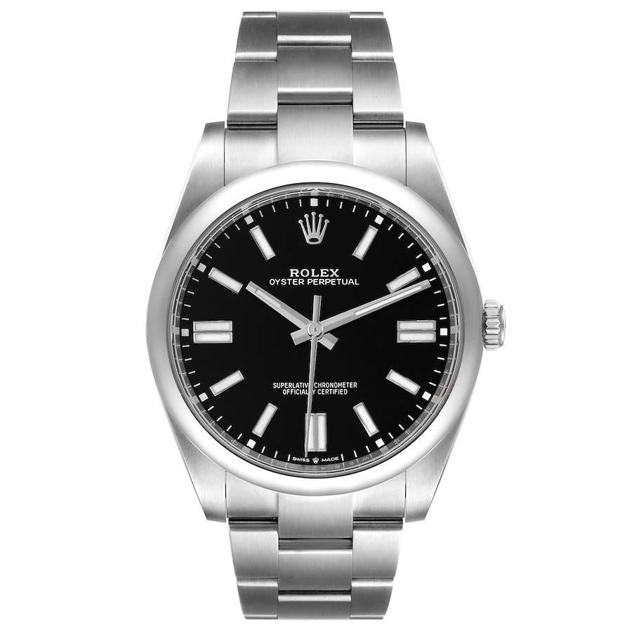 Rolex Oyster Perpetual 41mm Automatic Steel Mens Watch 124300 Box Card. Officially certified chronometer self-winding movement. Stainless steel case 41 mm in diameter. Rolex logo on a crown. Stainless steel smooth domed bezel. Scratch resistant