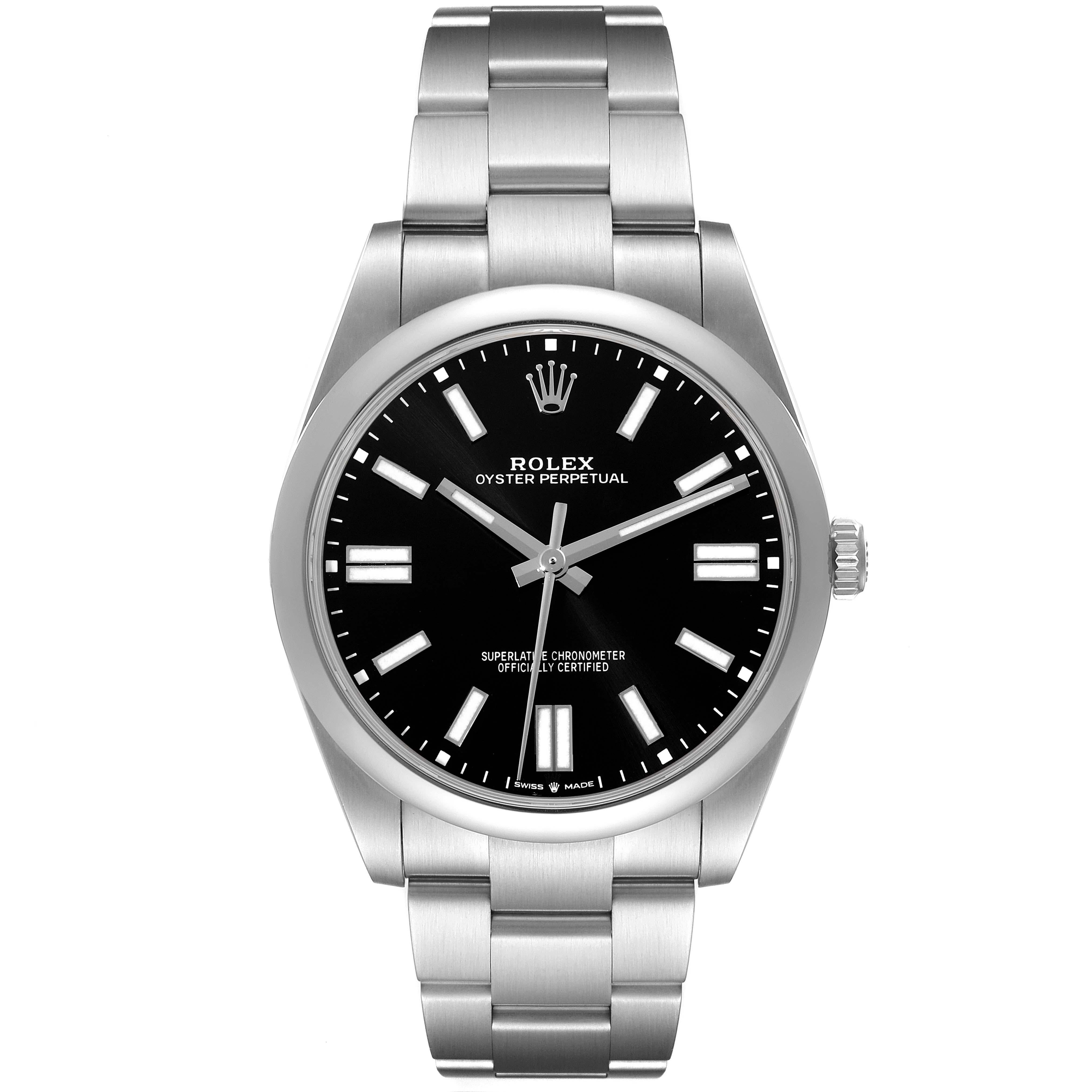 Rolex Oyster Perpetual 41mm Black Dial Steel Mens Watch 124300 Box Card. Officially certified chronometer automatic self-winding movement. Stainless steel case 41 mm in diameter. Rolex logo on the crown. Stainless steel smooth domed bezel. Scratch