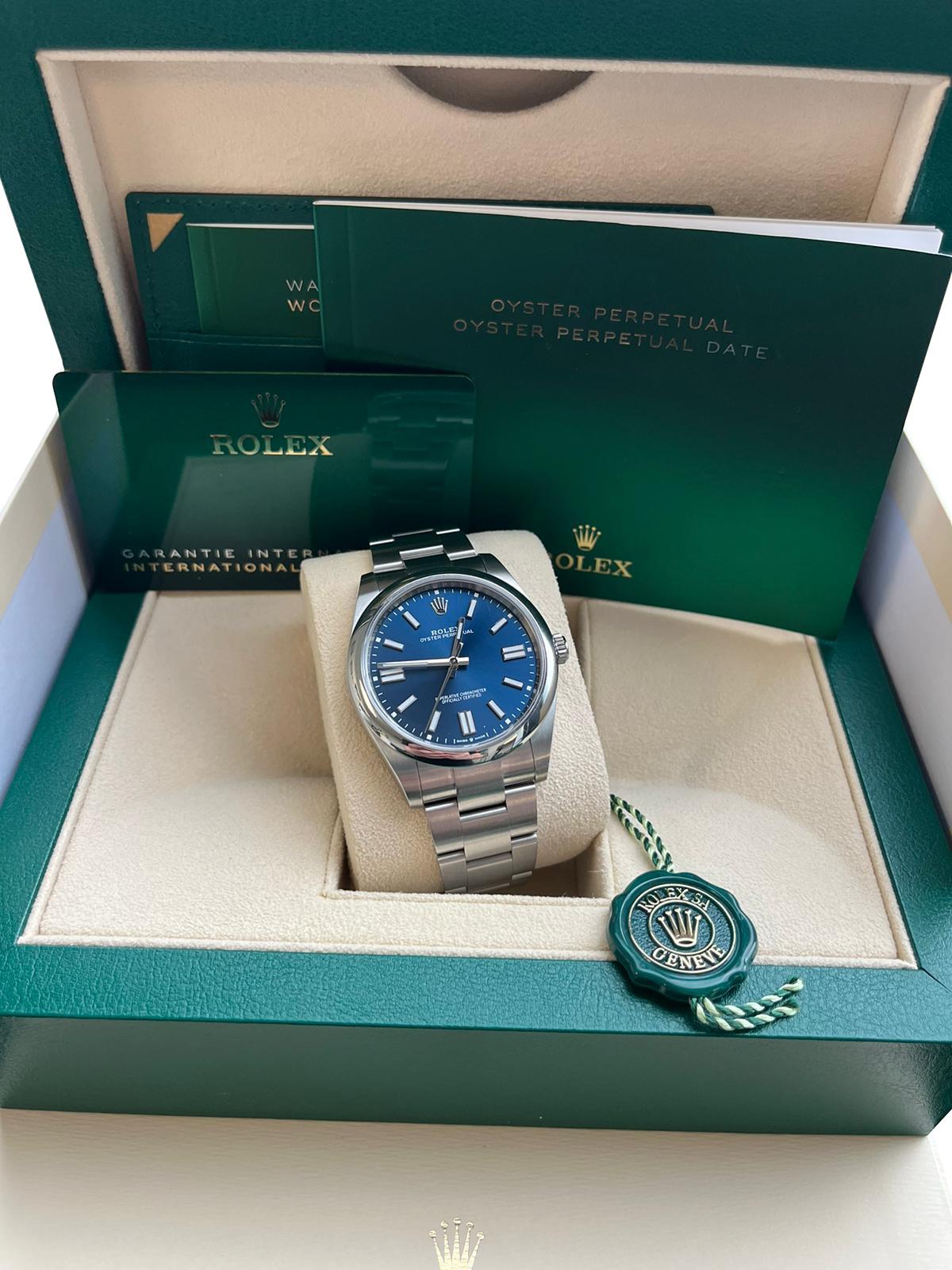 Modernist Rolex Oyster Perpetual 41mm Bright Blue Dial Stainless Steel Watch 124300 For Sale