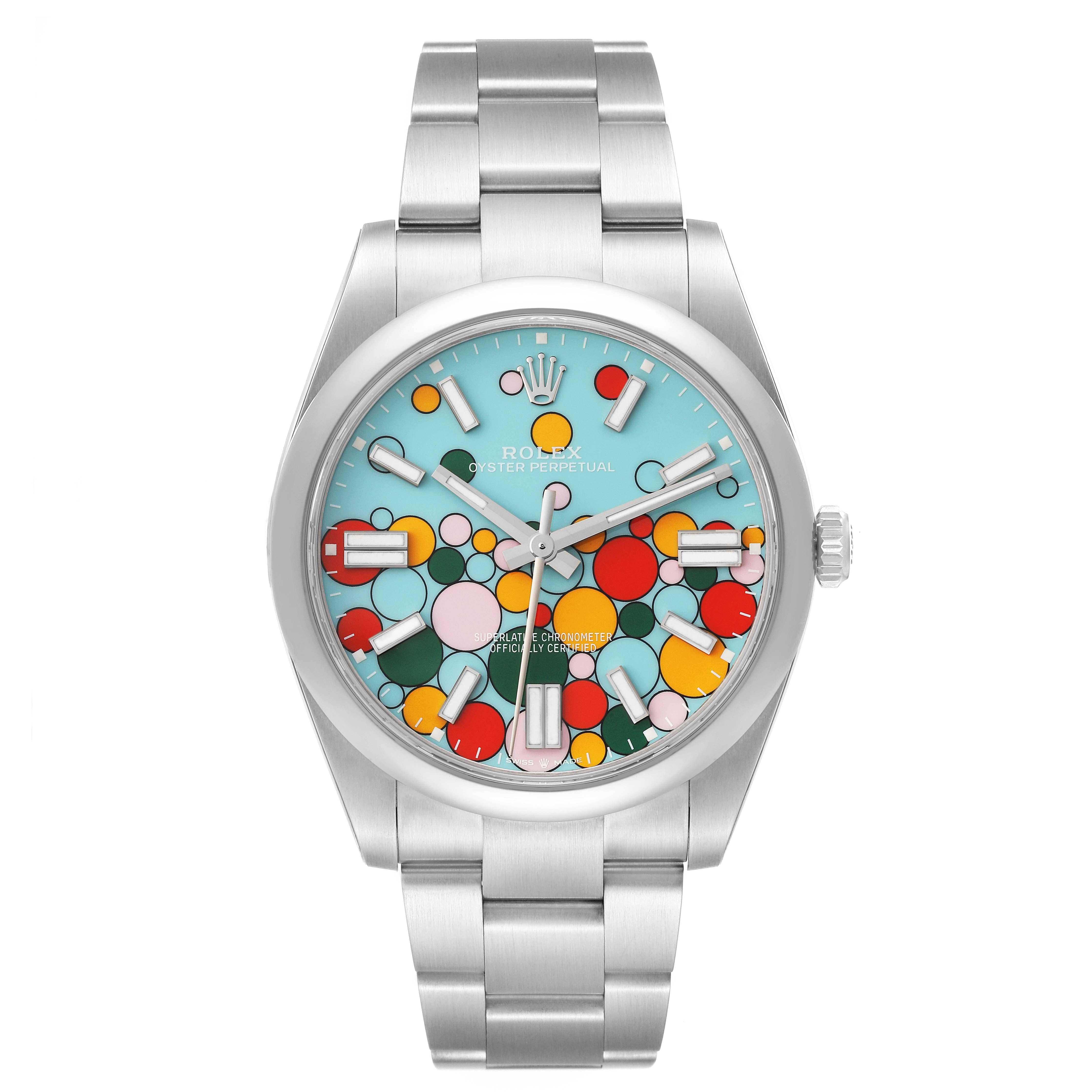 Rolex Oyster Perpetual 41mm Celebration Dial Steel Mens Watch 124300 Unworn. Officially certified chronometer automatic self-winding movement. Stainless steel case 41 mm in diameter. Rolex logo on the crown. Stainless steel smooth domed bezel.