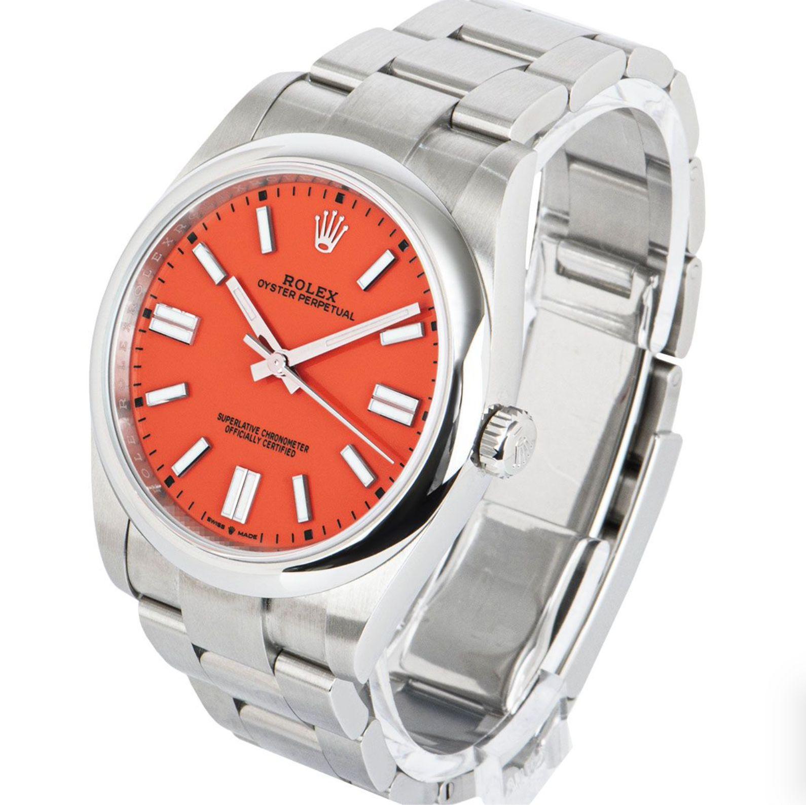 Taille ronde Rolex Oyster Perpetual Coral Red Dial 124300 Montre en vente