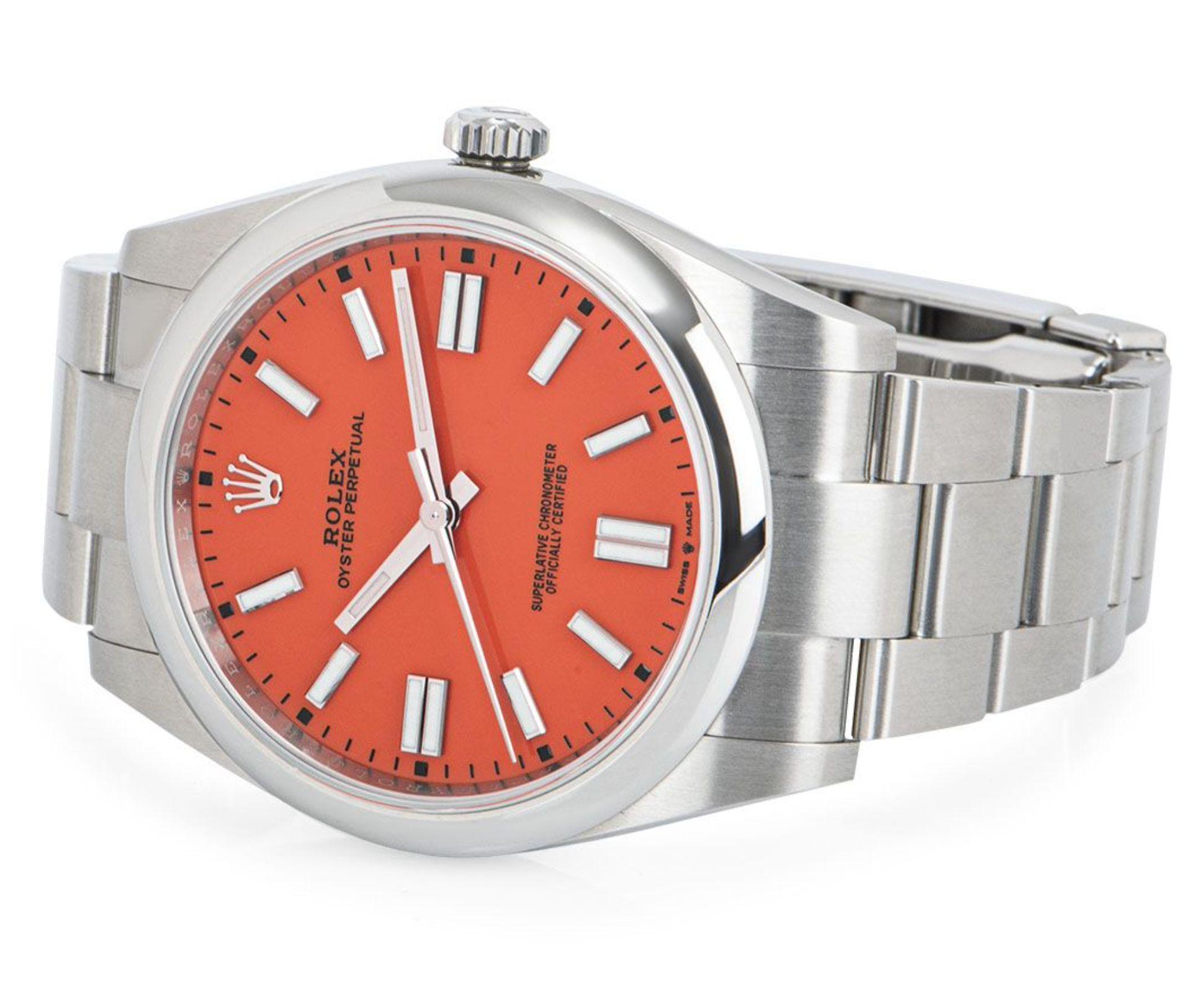 Round Cut Rolex Oyster Perpetual Coral Red Dial 124300 Watch For Sale