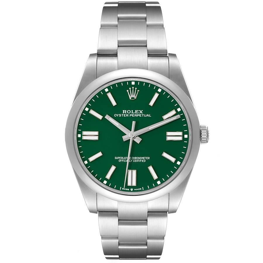 Rolex Oyster Perpetual 41mm Green Dial Steel Mens Watch 124300 Box Card. Officially certified chronometer self-winding movement. Stainless steel case 41 mm in diameter. Rolex logo on a crown. Stainless steel smooth domed bezel. Scratch resistant