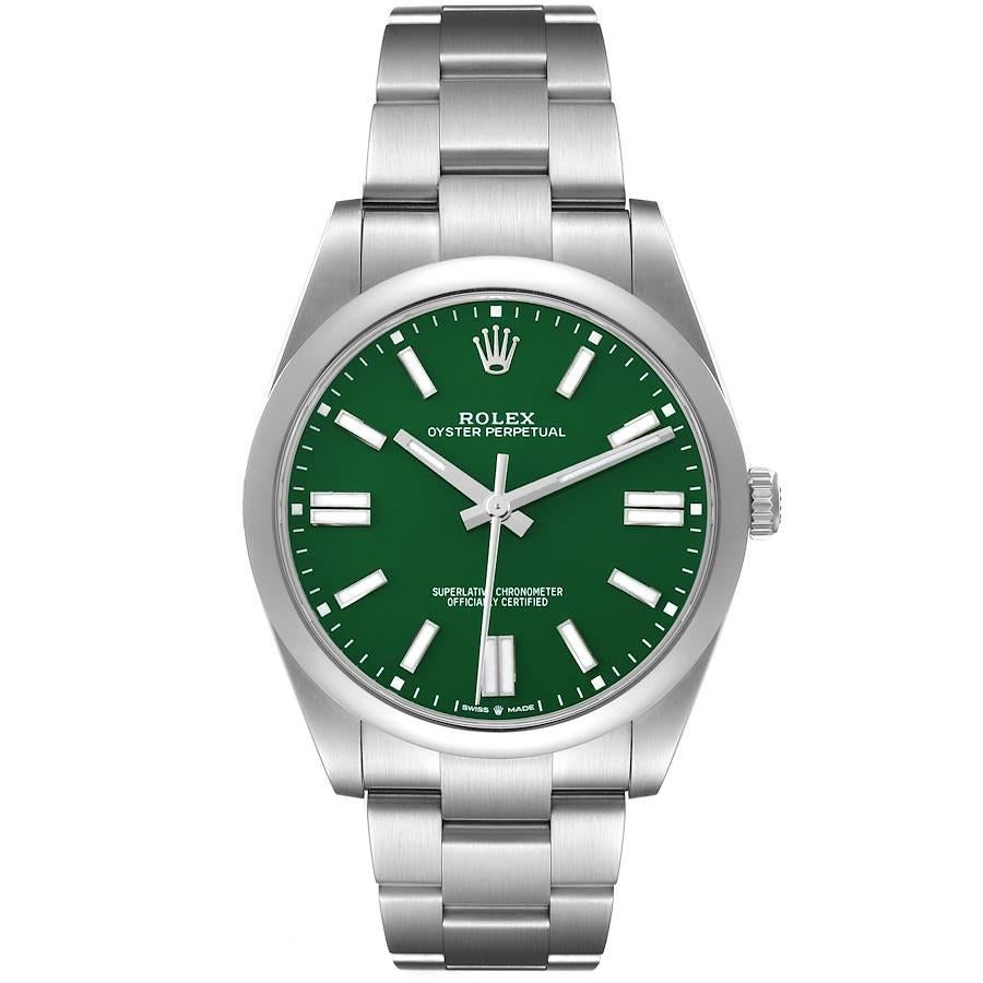 Rolex Oyster Perpetual 41mm Grünes Zifferblatt Stahl Herrenuhr 124300 Ungetragen. Offiziell zertifiziertes Chronometerwerk mit automatischem Aufzug. Gehäuse aus Edelstahl mit einem Durchmesser von 41 mm. Rolex Logo auf einer Krone. Glatte, gewölbte