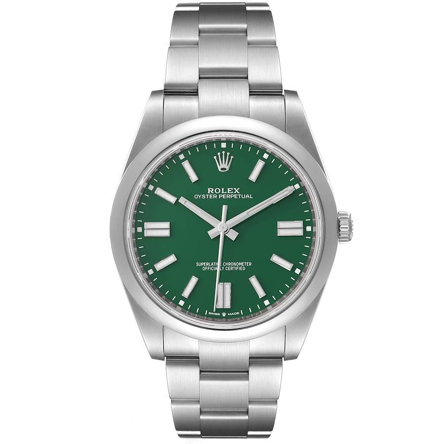 Rolex Oyster Perpetual 41mm Green Dial Steel Mens Watch 124300 Unworn. Officially certified chronometer self-winding movement. Stainless steel case 41 mm in diameter. Rolex logo on a crown. Stainless steel smooth domed bezel. Scratch resistant