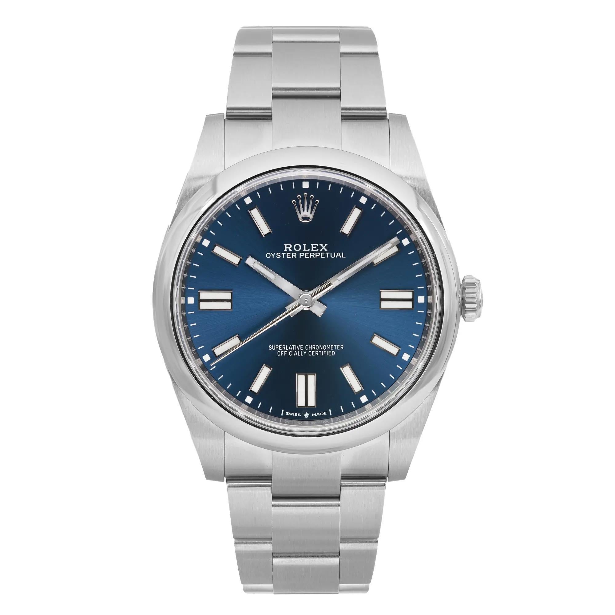 Rolex Montre Oyster Perpetual automatique à cadran bleu en acier de 41 mm pour hommes 124300 en vente